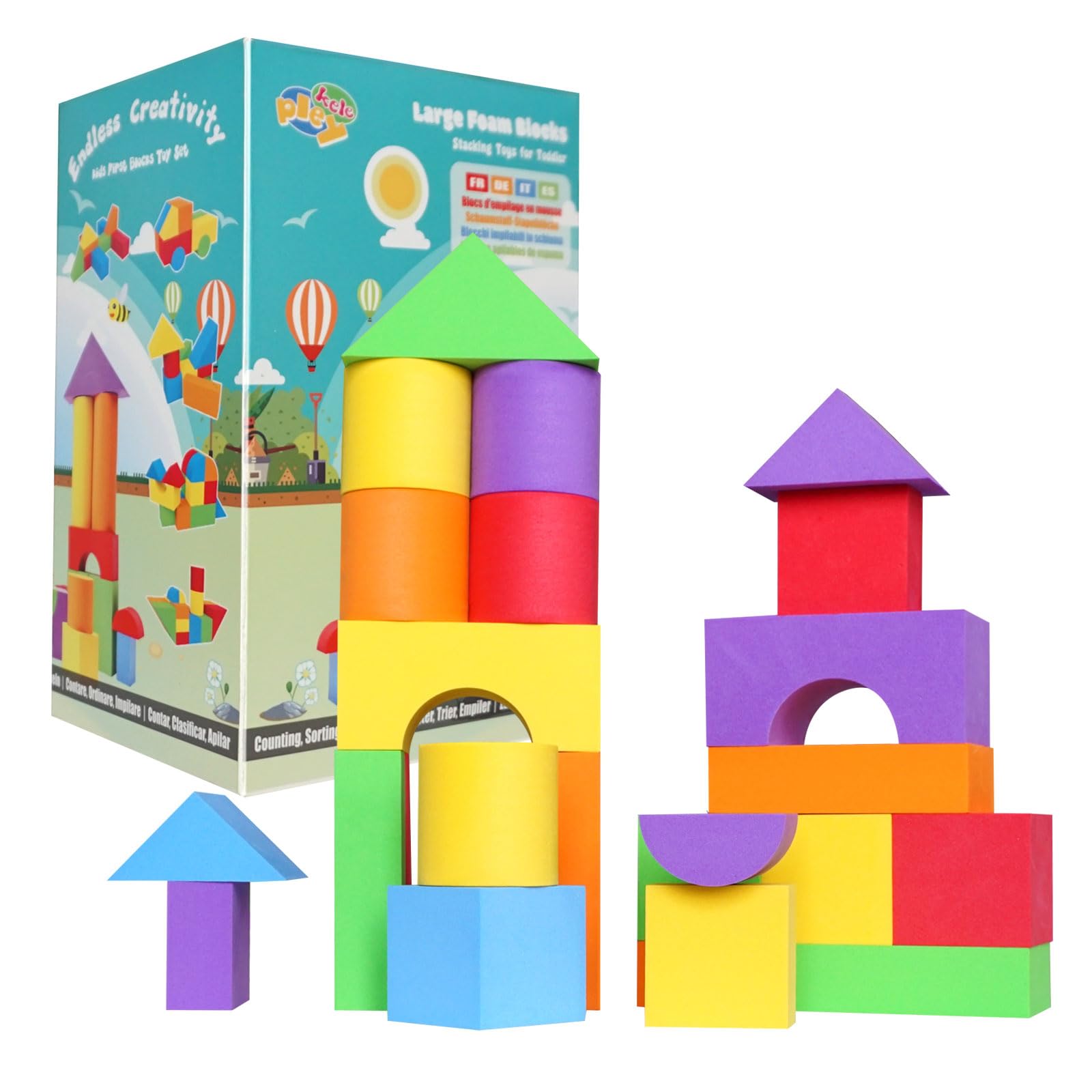 Pleykele Suitable Size Foam Building Blocks for Toddlers 18M+, Big Soft Stacking Blocks Toys, Baby Bath Toys, Sensory & Early Development Toys for Kids 1.5 Years Up (Starter Kit)