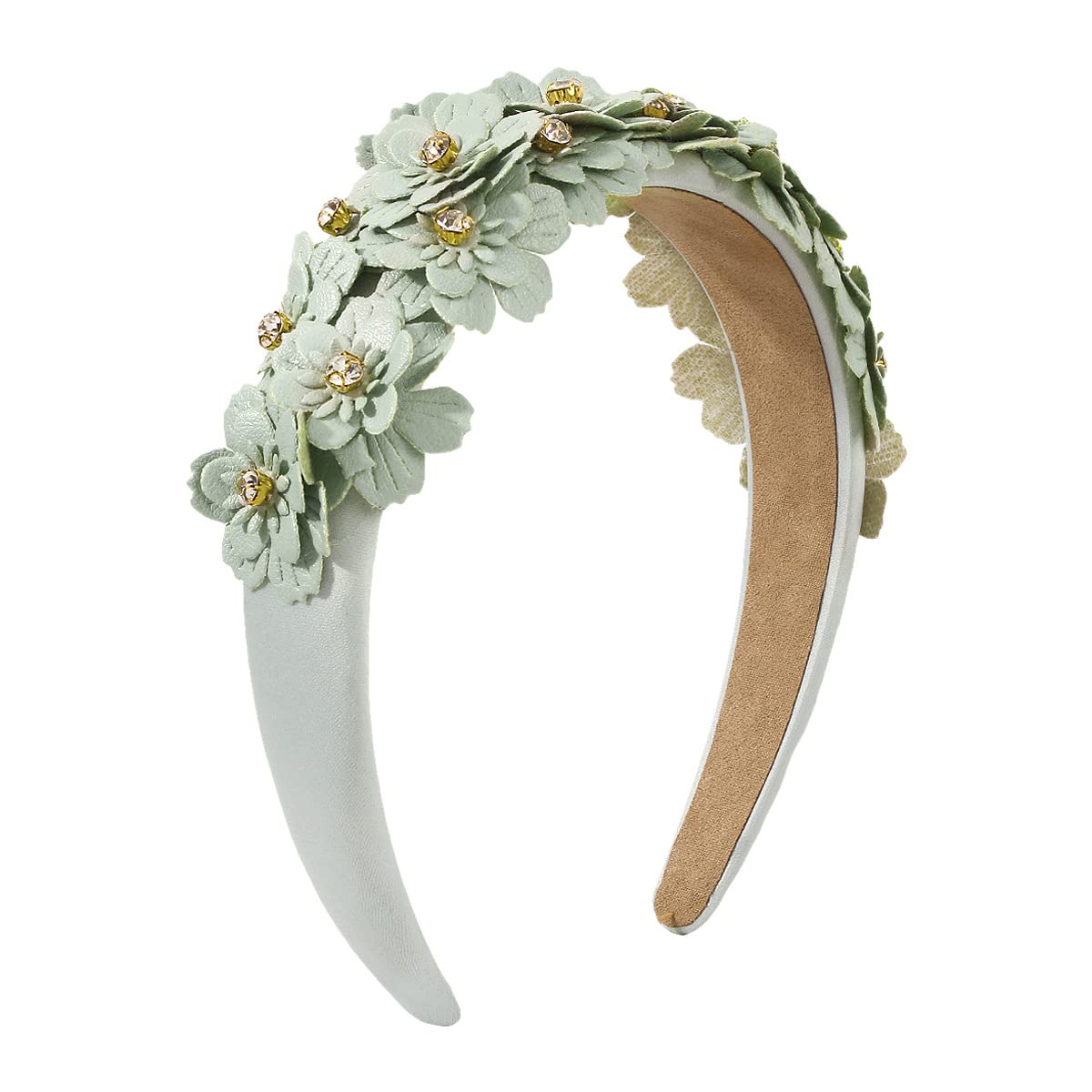 Damenmode Stirnbänder Europäischer und amerikanischer Schmuck Bonbonfarbenes Leder-Blumen-Strass-Stirnband Breites seitliches Sen-Haarband, Hellgrün