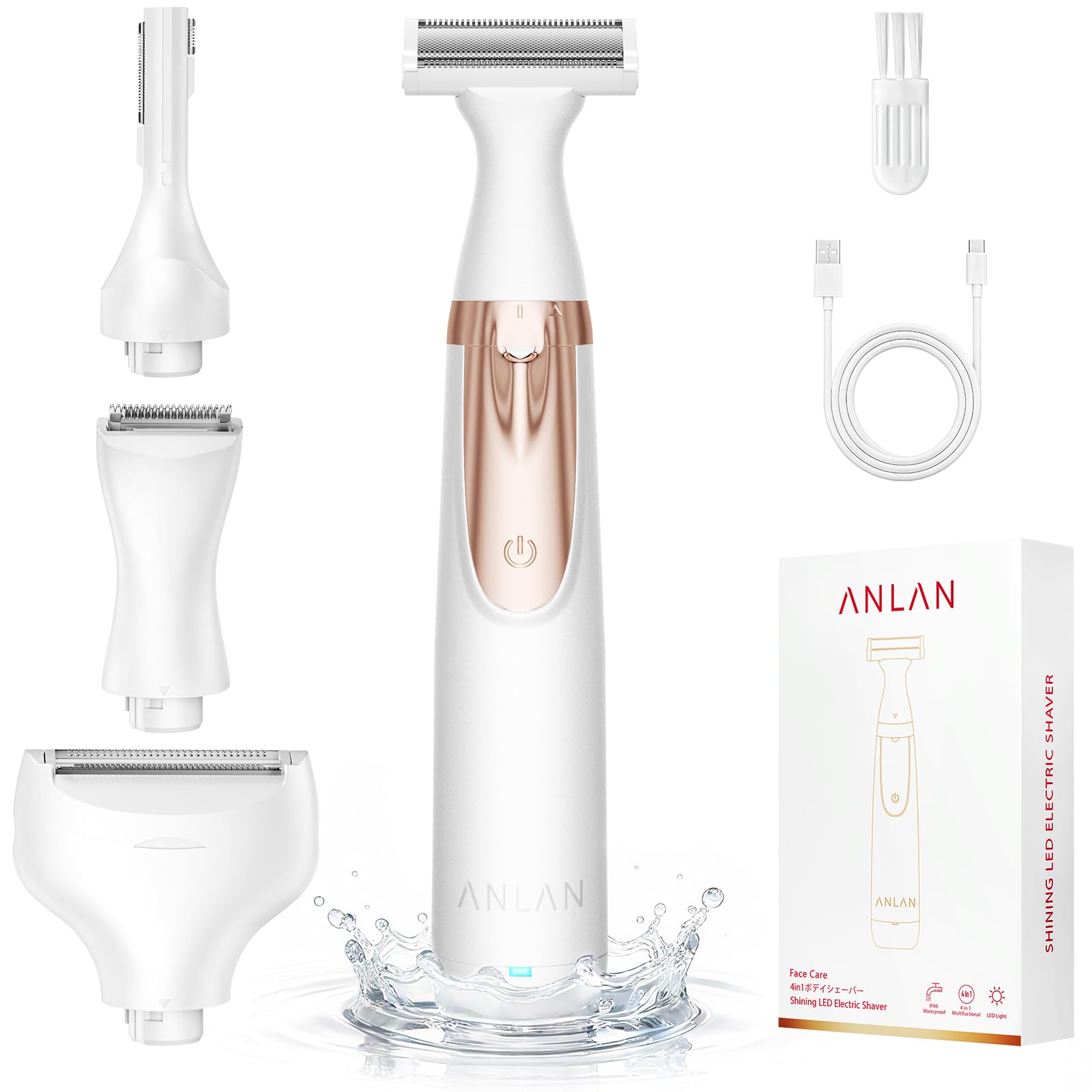 4 en 1 Afeitadora Eléctrica para Mujer, ANLAN Depiladora facial mujer, IPX6 carga rápida Type-C, luz LED, para rostro, cuerpo, cejas, zona del bikini y zonas íntimas Global Recycled Standard Global Recycled Standard Global Recycled Standard