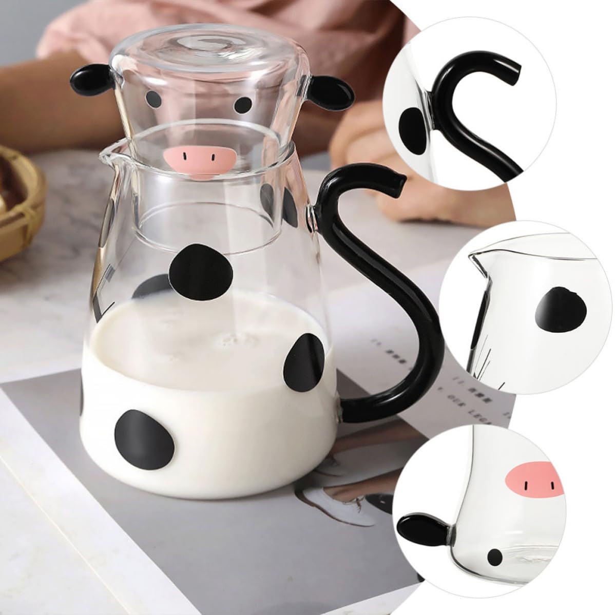 Gadpiparty Jarra de Agua Fría de Vidrio Forma de Vaca, Capacidad 1800ml, Set Multifuncional Tapa y Vaso para Hogar y Restaurante
