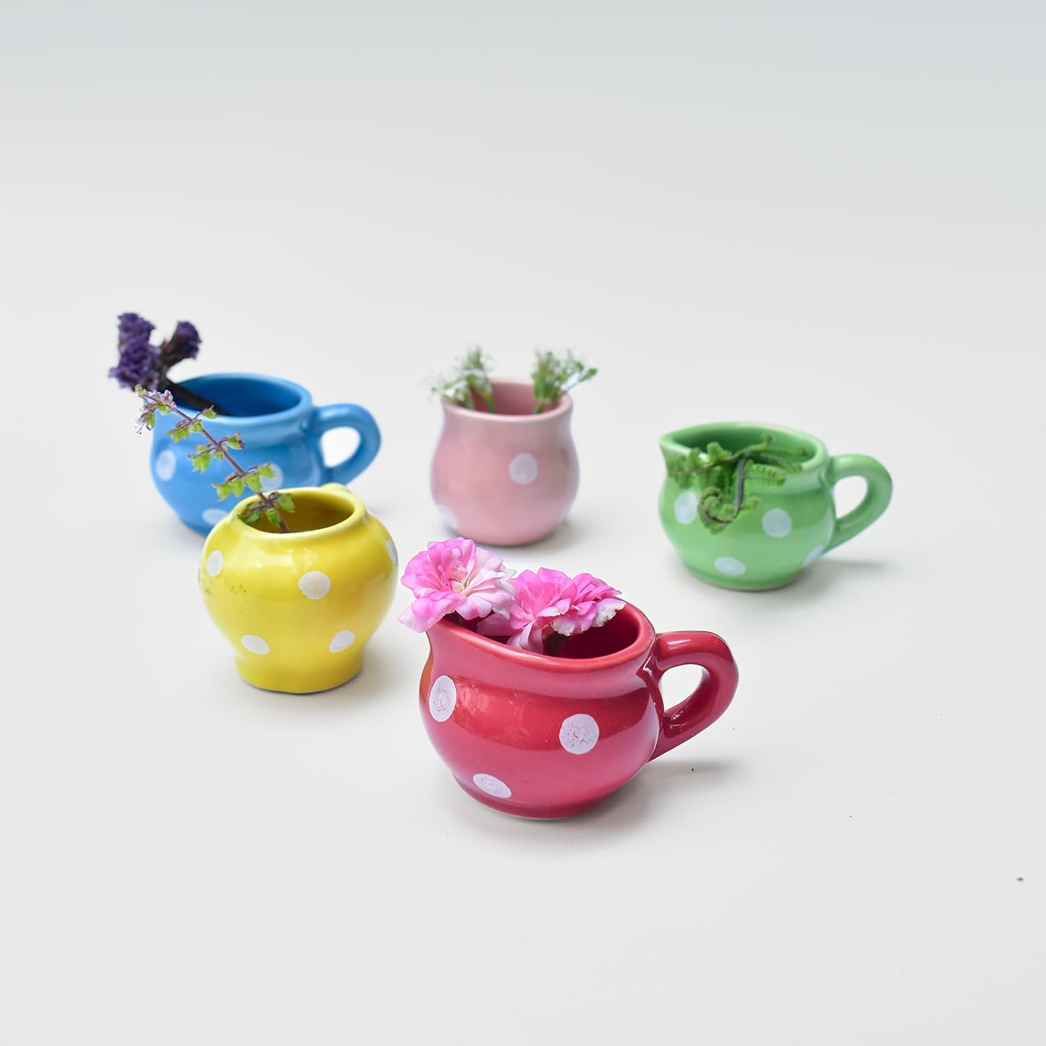 Ceramic Fridge Magnets - Polka | Tiny Decorative Attractive Flower Vase for Fridge or Steel Cupboard | Cute Small Planter Shape | Unique Fridge Accessories (Set of 5)