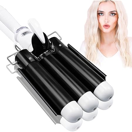 3 Barrel Hair Waver, Curling Iron 32mm Hair Curling Wand Ceramic Tourmaline Hair Curler with LCD Temp Display and Glove, Fast Heat Up Beach Wave Curler for Long Hair Styling - Black
