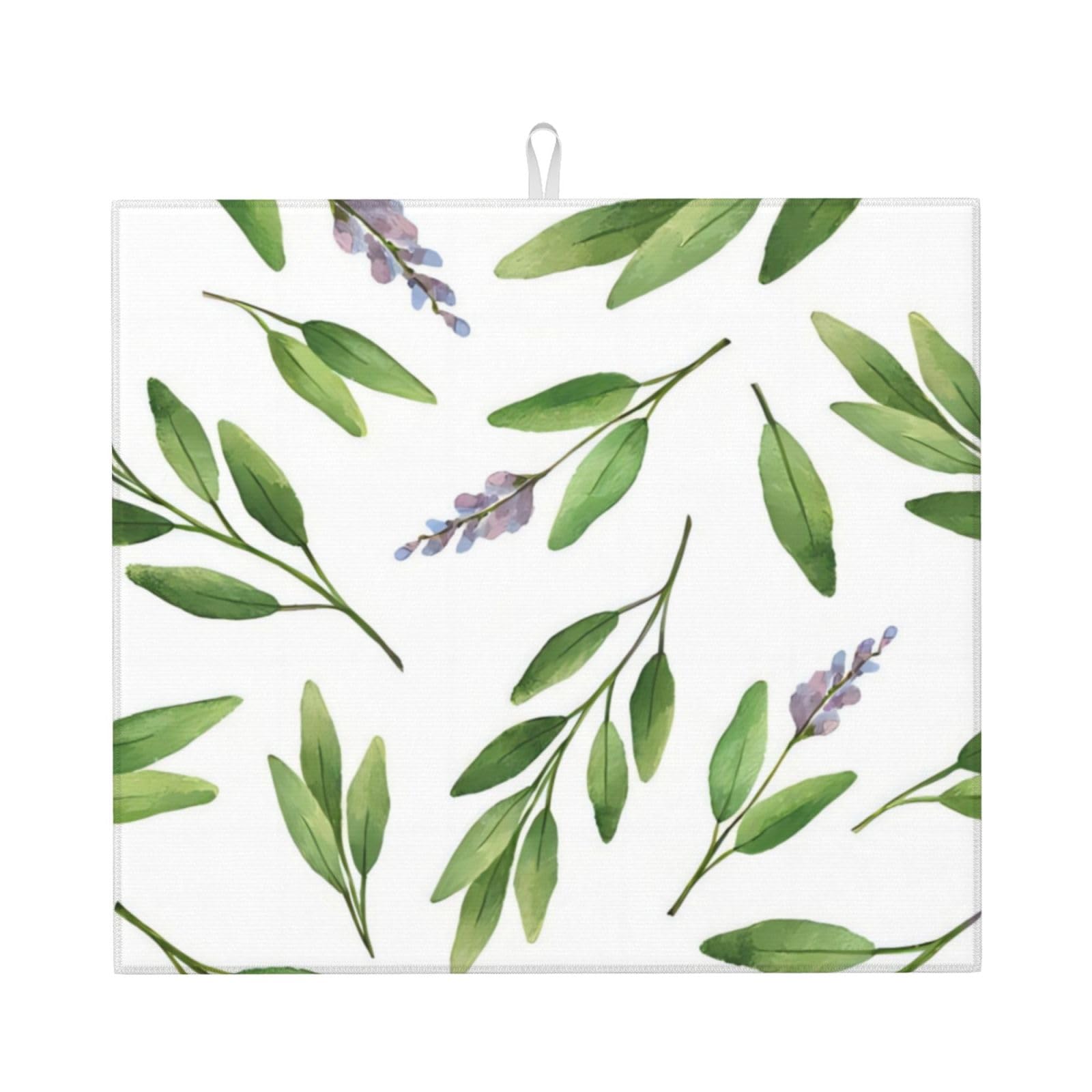 YYHWHJDE Green Flower Watercolor Herb Sage Leaves And Branches Prints Kitchen Drying Mat – Absorbent Microfiber Throw for Dishes, Non-Slip Counter Cover, Quick-Dry Layer with Durable Construction