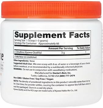 DoctorsBEST Doctor's Best - L-Citrulline Powder | Promotes Muscle Recovery and Training Performance - 200g