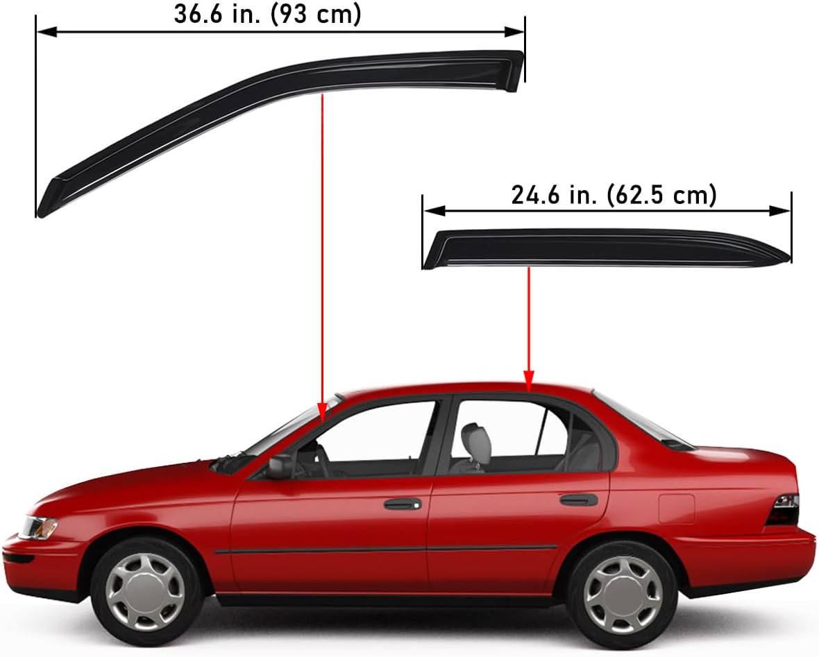 Lightronic Extra Durable Outside Mount Auto Vent Window Visor, Fits 1998-2002 Toyota Corolla Sedan & Chevrolet Prizm, UV Protection Rain Guard, Smoke Original Wind Deflector, No-Drill Install, 4-Pcs