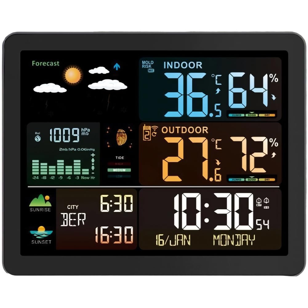 Digitale di umidità Radio Controlled Desk Clock Stazione Meteo Calendario Allarme Previsione temperatura Snooze Termometro
