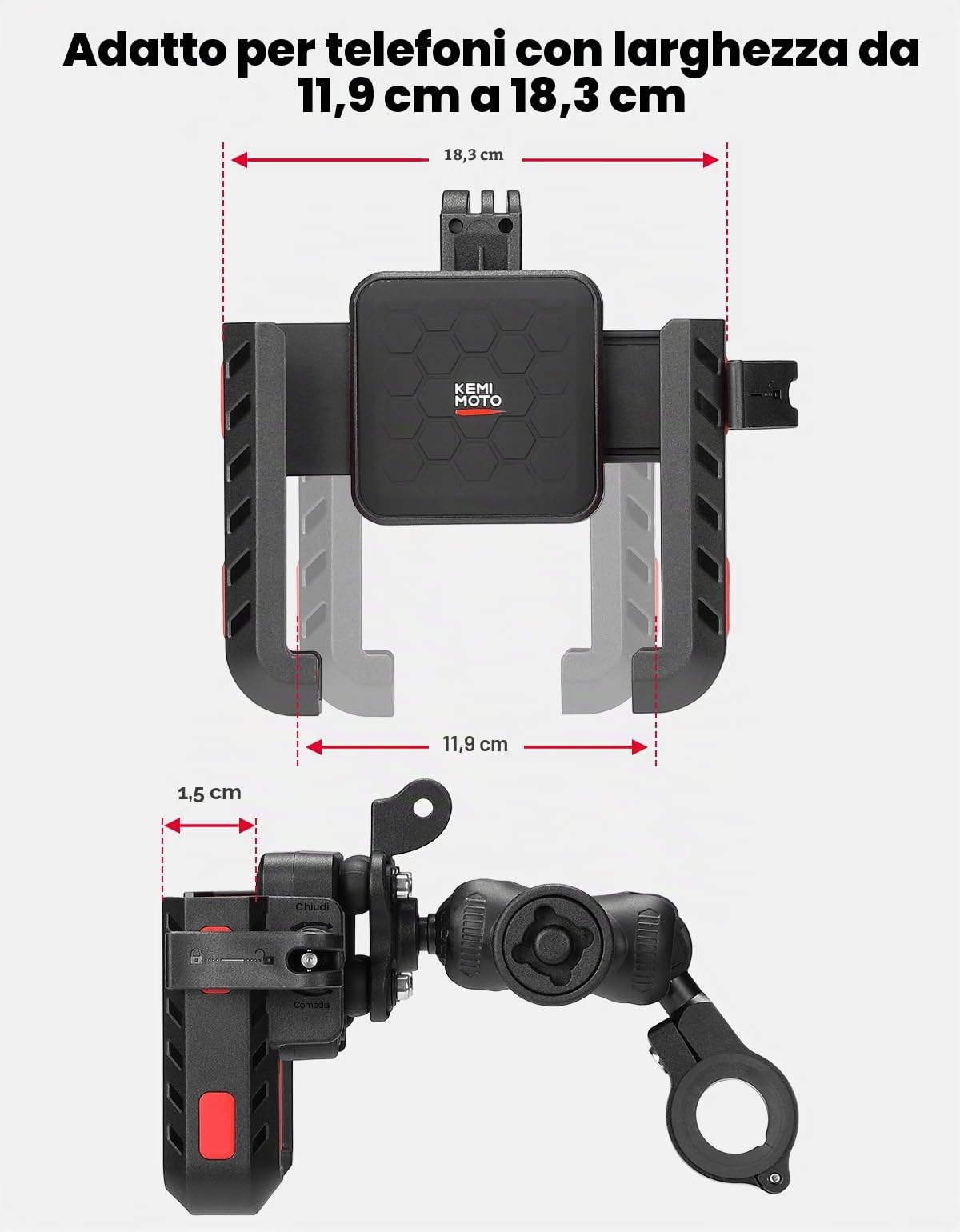 KEMIMOTO Supporto Telefono Moto, Porta Cellulare Moto con Antivibrazione e Antifurto, Porta Telefono Ruotabile a 360 per Motociclo, Scooter, Bici, ATV, Adatto per 4,7"-7,2" Smartphones