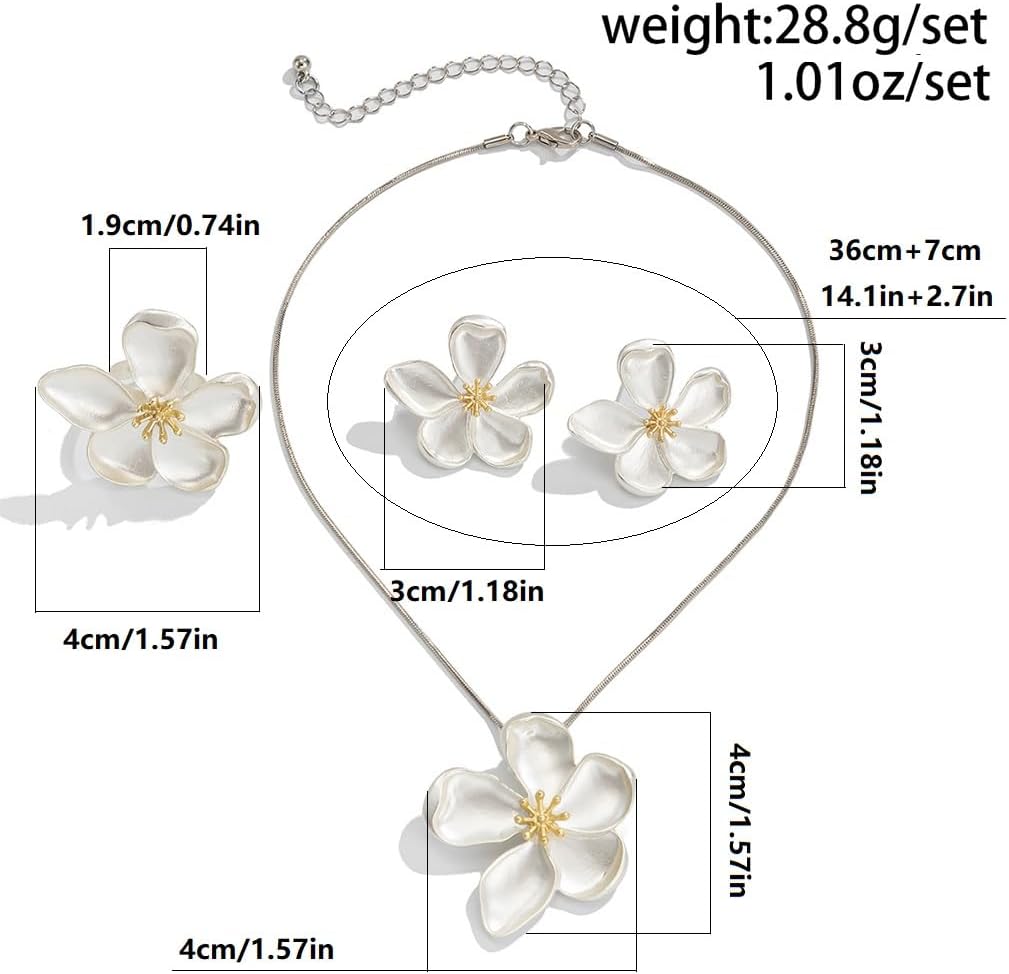 White Flowers Statement Jewelry Sets for Women Dainty Gold Vintage Floral Choker Necklaces Metal Petal Stud Earrings Open Knuckle Rings Accessories - Image 3