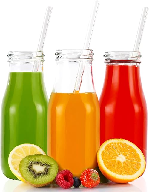 HYCKee 3 Pack 11oz 330ml Glass Milk Bottle with Glass Straws Metal Cap, Clear Glass Bottle Juice Milkshake Smoothies Water Bottle Drinking Bottles Glass Containers Reusable with Lids