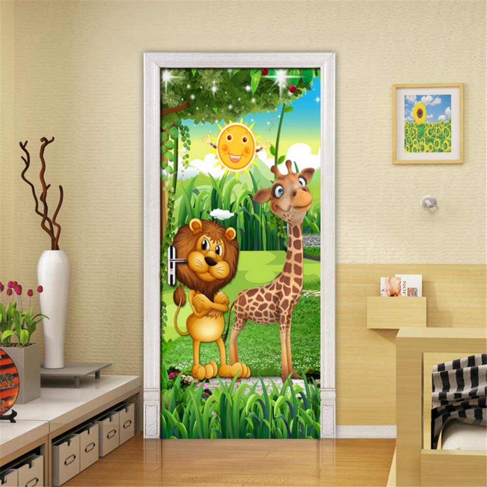 3D Bosque De Dibujos Animados Animal León Jirafa Habitación De Los Niños Habitación De Los Niños Decoración De La Puerta Etiqueta De La Pared Mural Wallpaper Autoadhesivo Cartel Escena 77 * 200 Cm