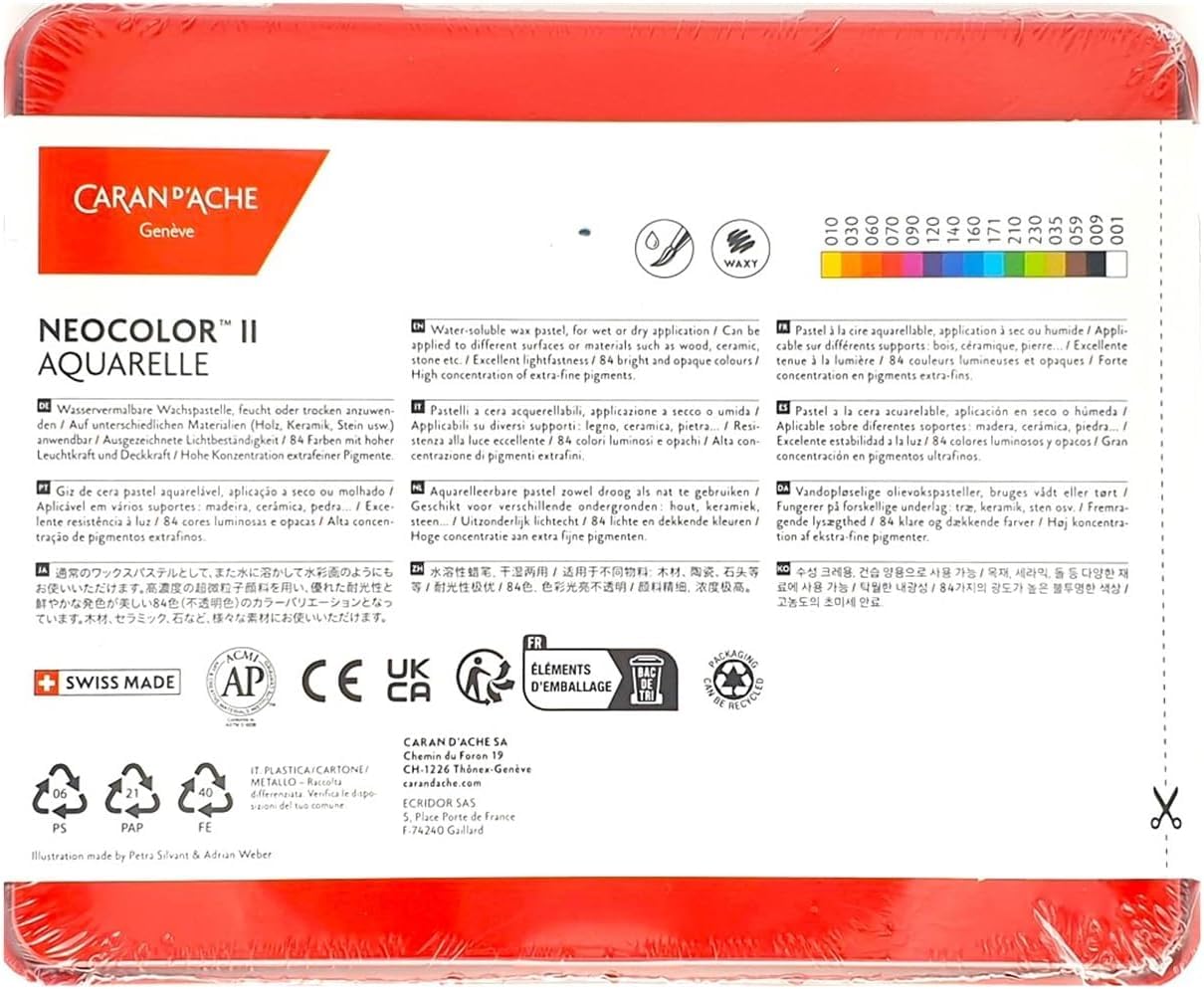Caran d'Ache Neocolor II, Pasteles de cera acuarelables, Lápices de cera Aquarellables - Juego de 10 y 1 pinceles