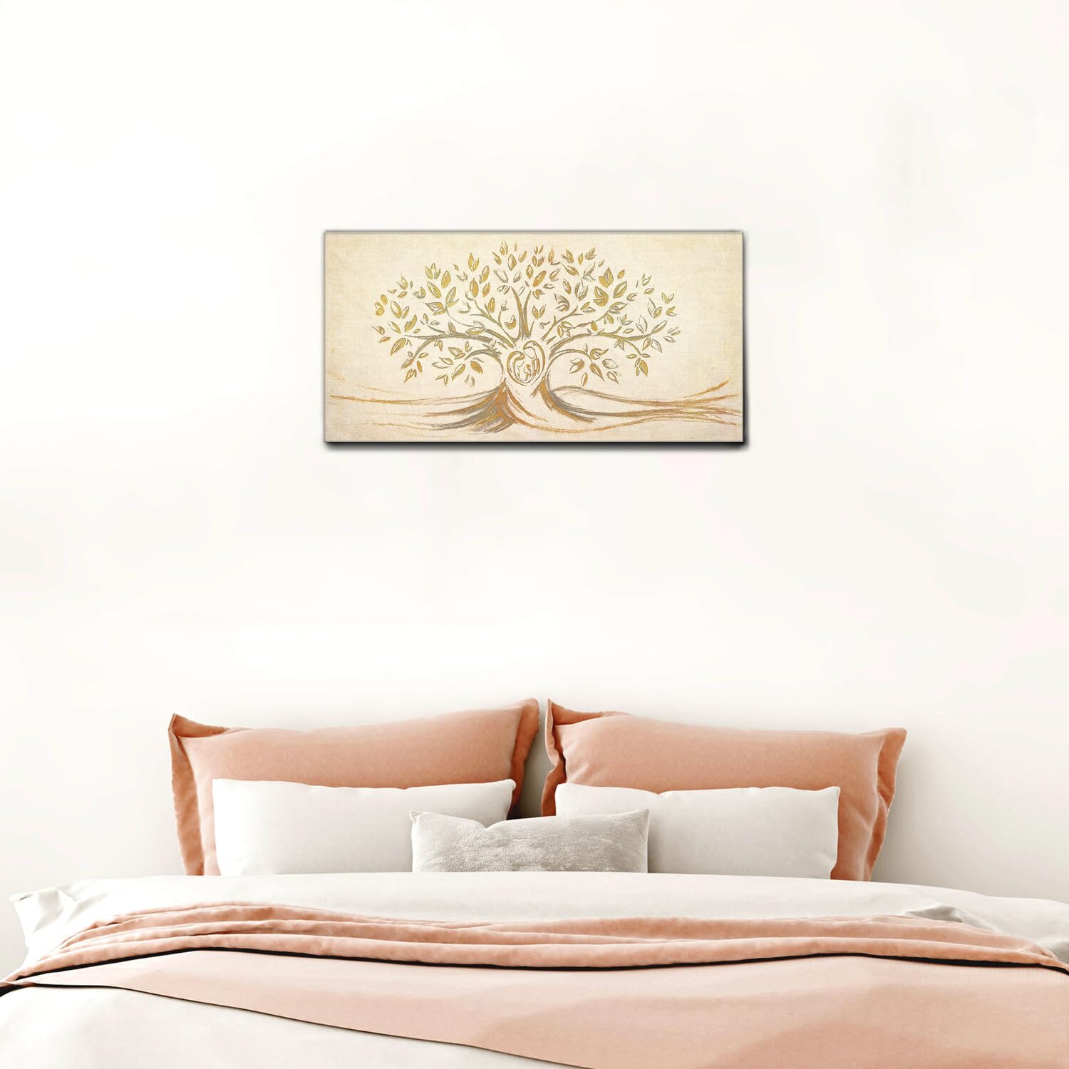 Giallobus - Quadro - 05 - Capezzale Moderno - Sacra Famiglia e Albero della Vita - Gold&Rose - Tela Canvas Telaio Standard - 100x50 - Pronto da Appendere - Quadri Moderni per la casa