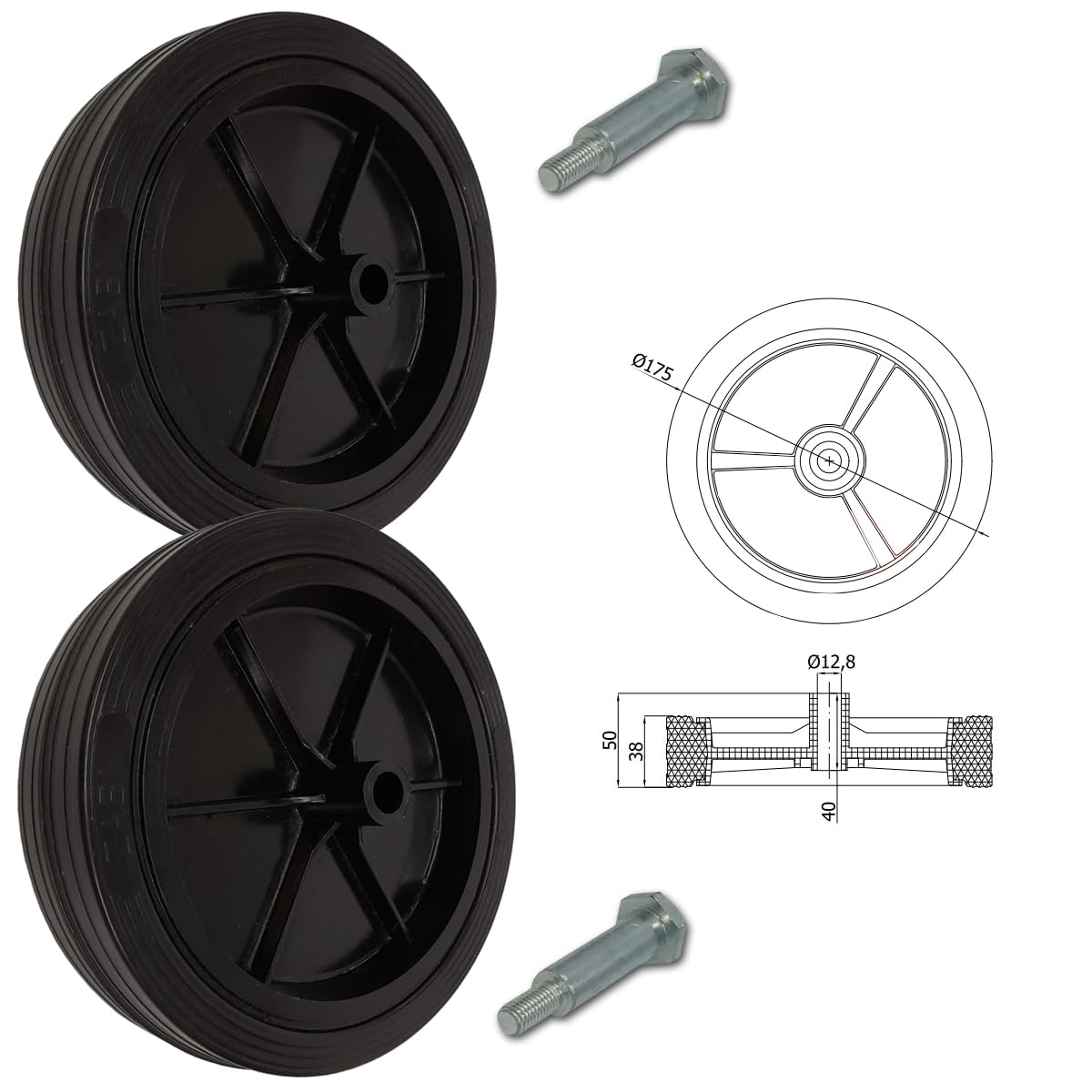 Rasenmäherrad Ø175 mm – schwarzes Ersatzrad aus Vollgummi, robustes Kunststoffrad für Rasenmäher, mit Montage-Set, Code: K175*M10