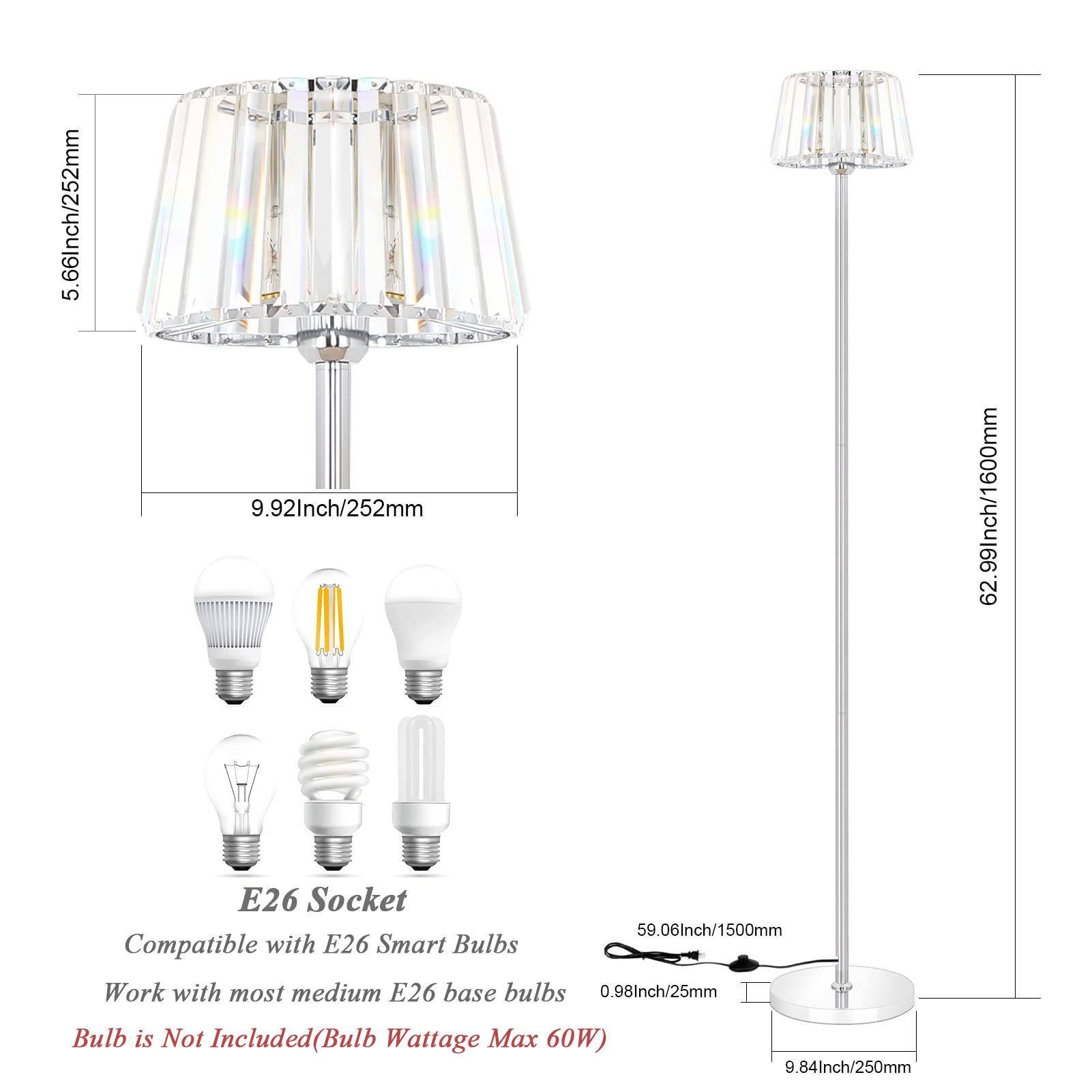 Ralbay Elegant Crystal Floor Lamp, Modern Minimalist Bedroom K9 Crystal