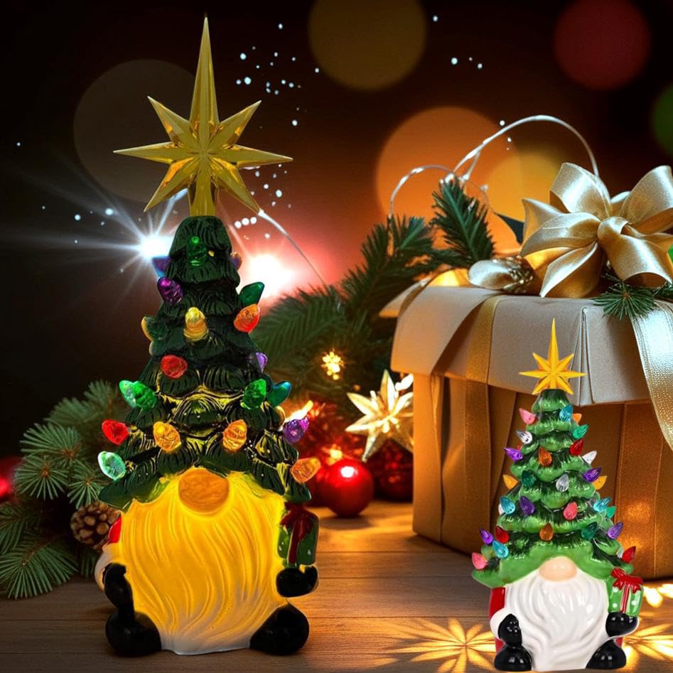 Gnomes Christmas Decorations - 8" Lighted Up Gnomes Ceramic Christmas Tree with Multicolored Lights - Mini Pre-lit Hand-Painted Xmas Tree Decor for Home Indoor Table Fireplace