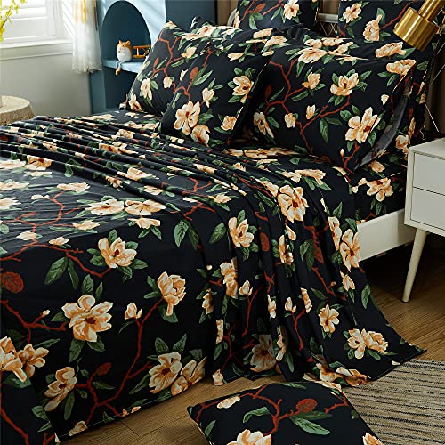 Image of FADFAY Sheets Set King Shabby Black and Yellow Floral Bedding Elegant Peony Sheets Set Vintage Farmhouse Bedding Soft 100% Egyptian Cotton 800 Thread Count Deep Pocket Fitted Sheet, 4Pcs-King Size