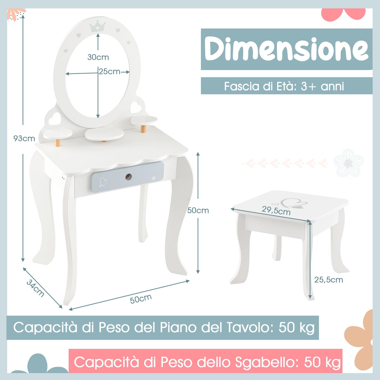 COSTWAY Toeletta Trucco 2 in 1 per Bambina, Specchiera Staccabile per Ragazza in Legno con Sgabello, Cassetto, Ripiani e Giocattoli, Postazione Trucco per 3 Anni, 50 x 34 x 93 cm, Bianco
