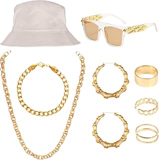 Hip Hop Costume Kit 8 Pcs 80s 90s Rapper Accessories Outfit with Bracelet Rings Rapper Sunglasses Hat