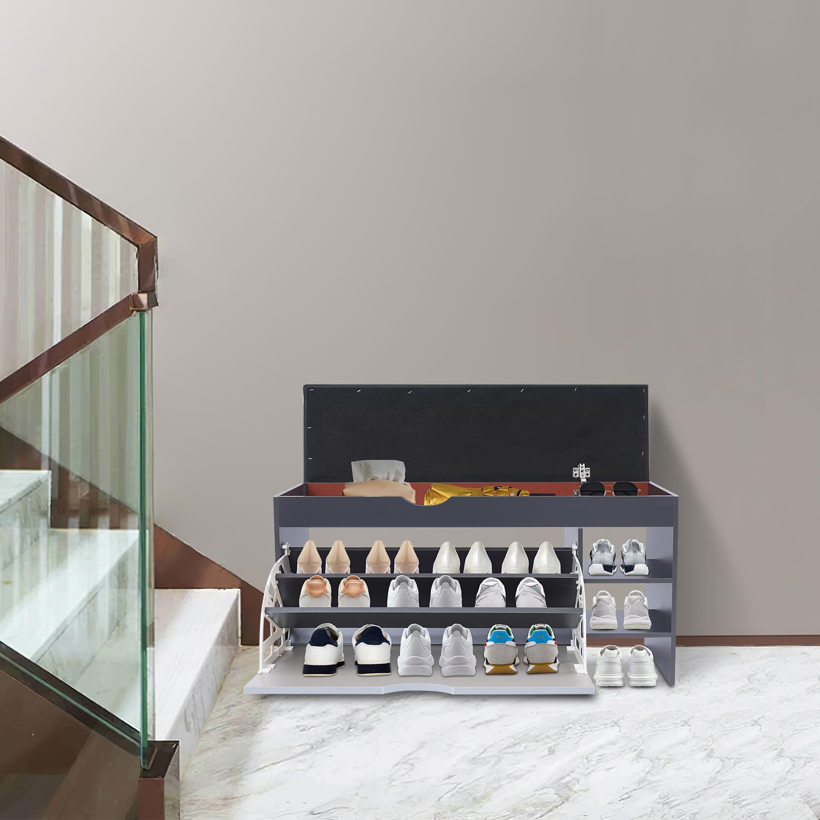 Organizzatore di Letteratura, scarpiera a 3 Livelli, Panca con cassetto portaoggetti, Moderno Sgabello in bambù per Ingresso, Soggiorno, Camera da Letto, corridoio, Supporta Fino a