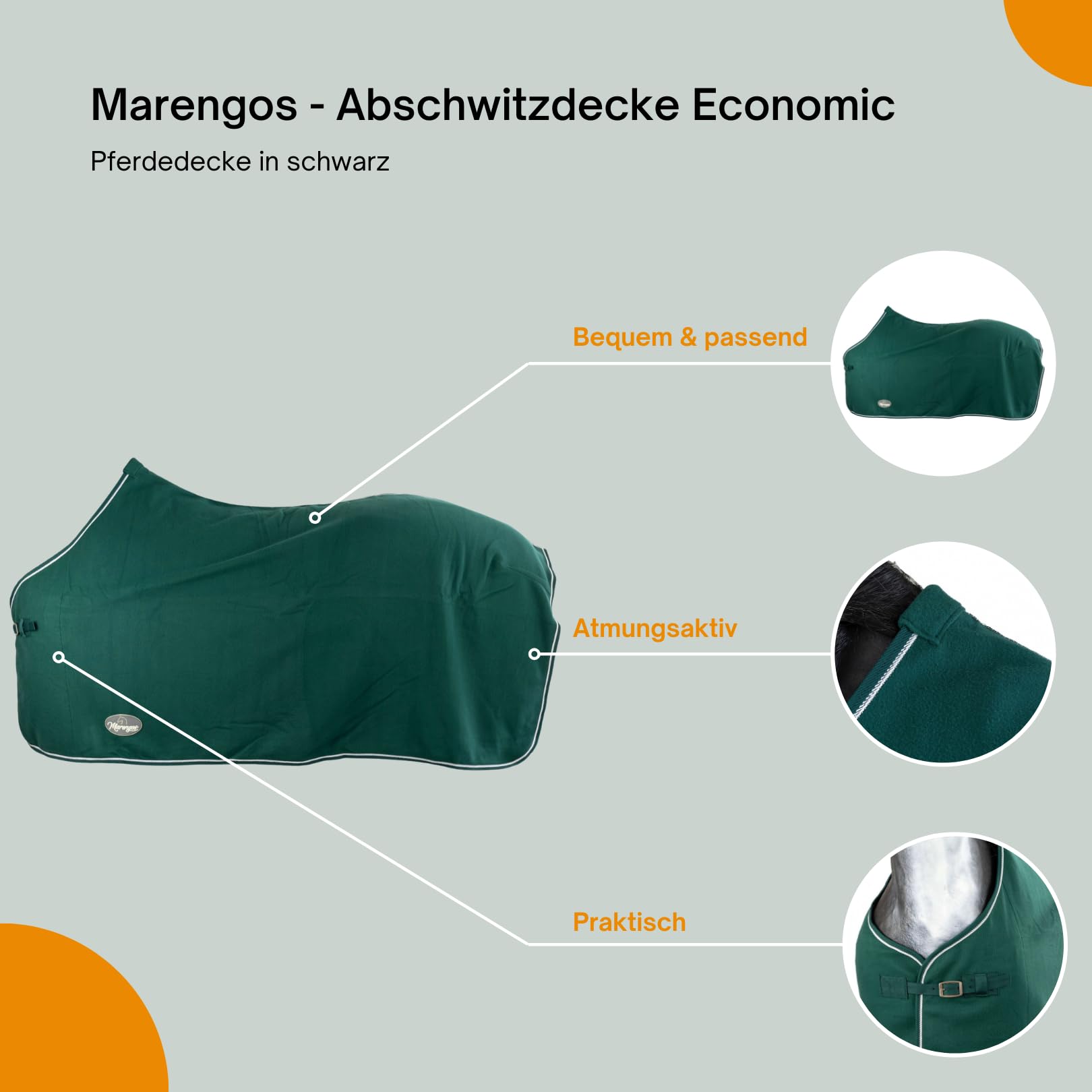 Marengos - Abschwitzdecke Economic | Pferdedecke mit Schweifkordel, Widerristpolster & Metallverschluss | atmungsaktive Fleecedecke | Pferde-Outdoordecke | Pferde Zubehör in Tannengrün | 155cm