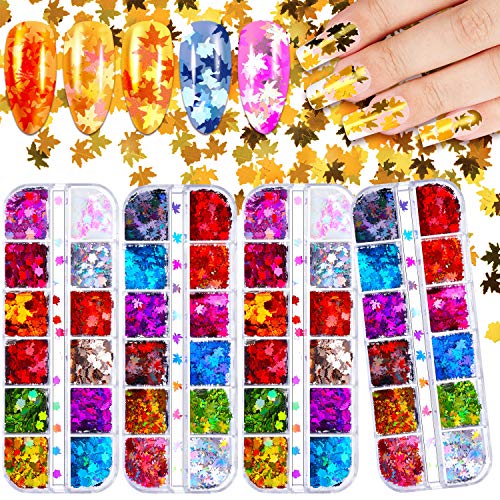 48 Boxes Fall Leaf Glitter Nail Sequins Maple Leaf Nail Confetti 3D Maple Leaf Holographic Nail Art Flakes Glitter Stickers for Manicure Nail Art Makeup DIY Decorations