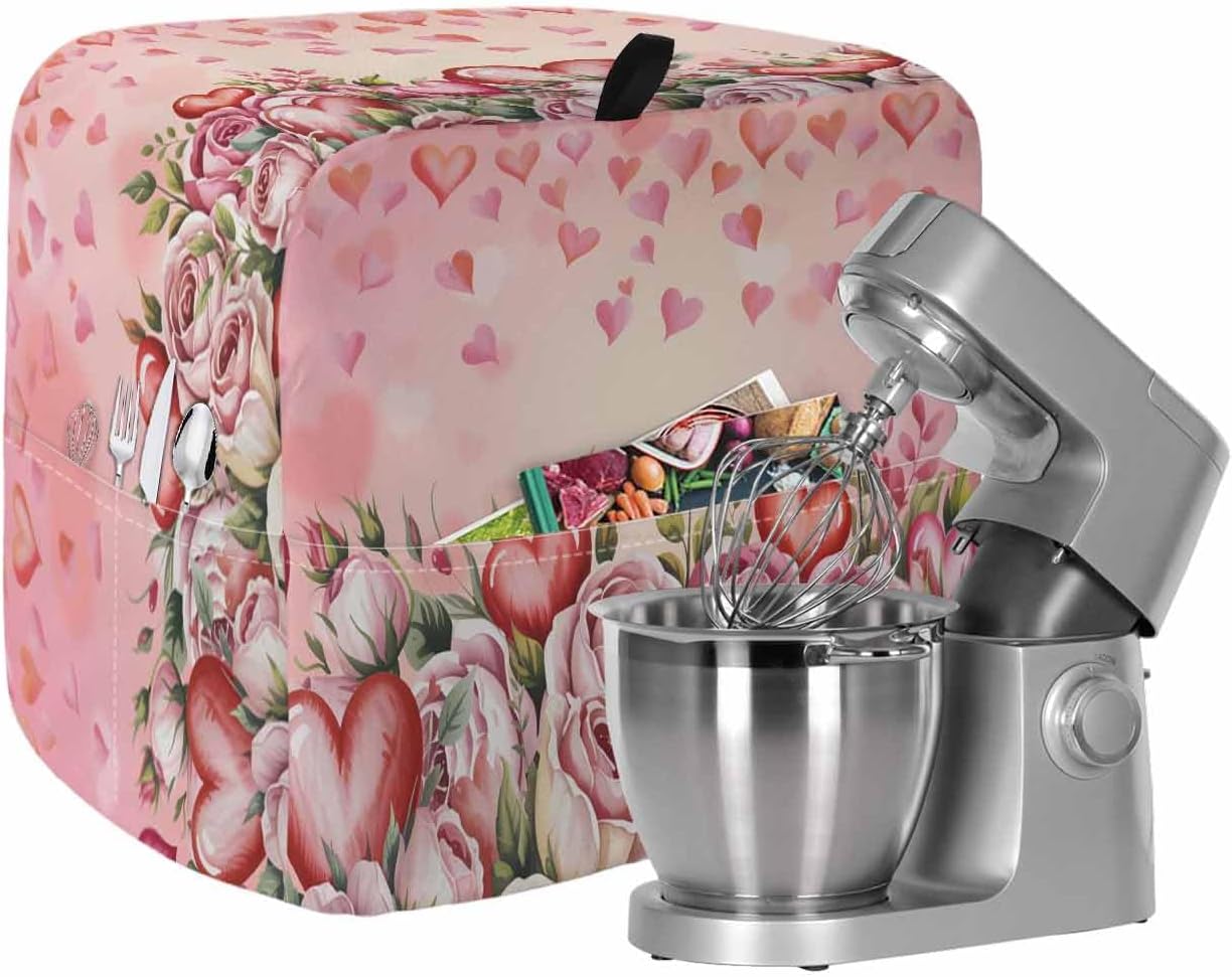 Valentine's Day Stand Mixer Cover with Storage Pocket, Waterproof Kitchen Mixer Covers, Watercolor Roses Love Modern Boho Kitchen Appliance Dust Cover Compatible with 6-9 Quart Mixers