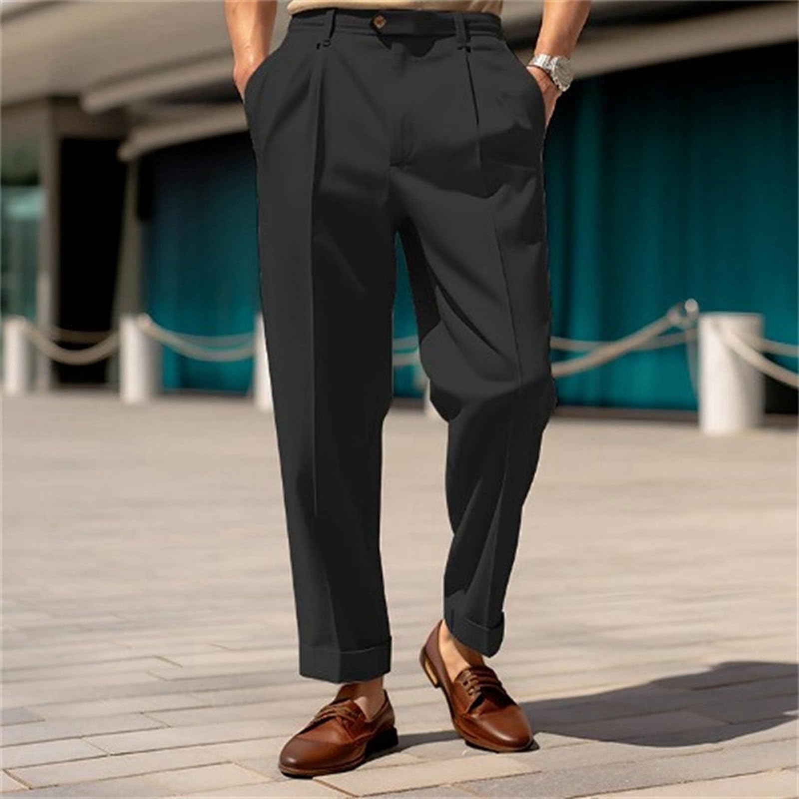 Schwarze Chino Hose Herren Baggy Chinohose Gerade Anzughose Leicht Arbeitshosen Mit Knopfleiste Einfarbig Outdoorhose Atmungsaktive Strandhose Flatfront Freizeithose Mit Taschen Größen S-3Xl
