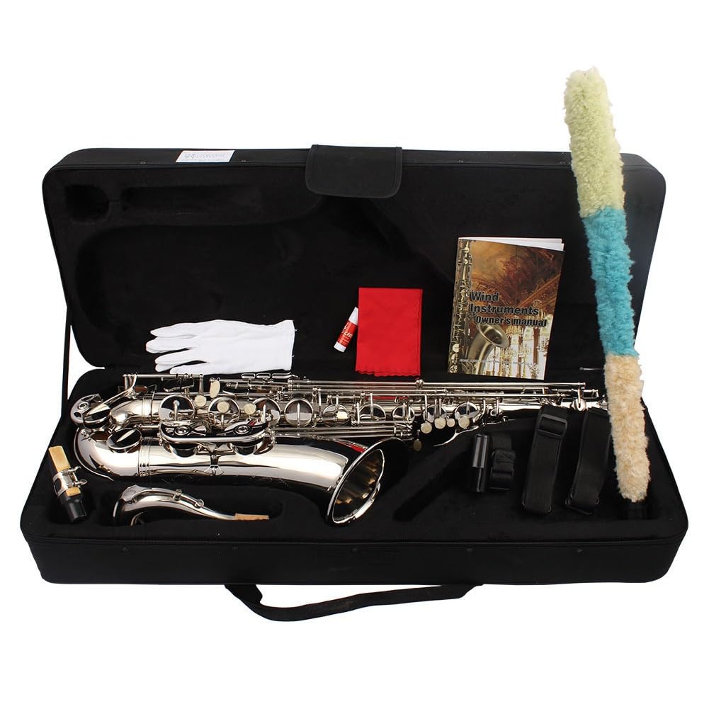 Saxofón Tenor B Instrumento de Viento de Madera Chapado en Plata Plana con Estuche de Transporte Guantes