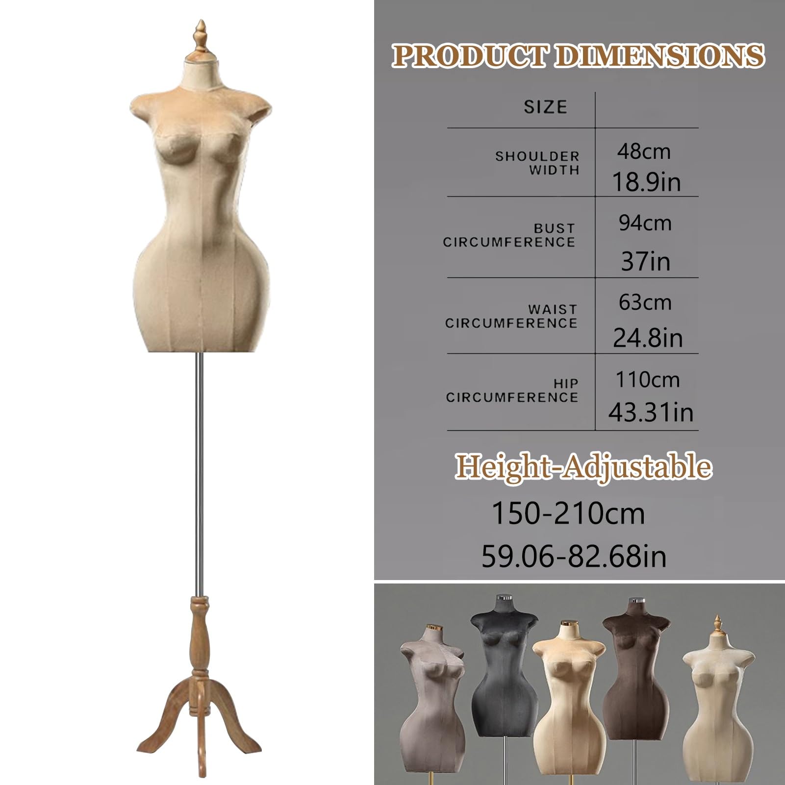 Manekin damski w dużym rozmiarze z drewnianym statywem, 150-210 cm, regulowany mrewnianym statywem, 150-210 cm, regulowany manekin krawiecki, model do ekspozycji odzieży i biżuterii (beżowy)