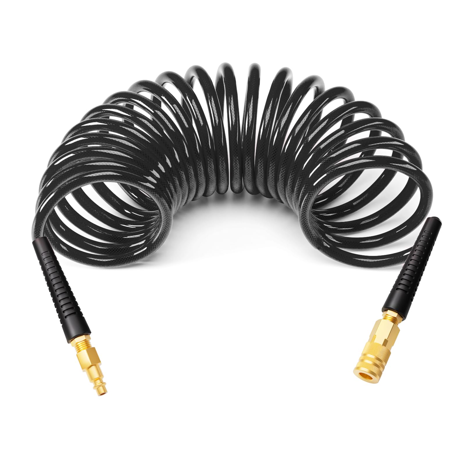 GASHER 3/8" 10FT Polyurethane Recoil Air Hose with Quick Coupler Plug Black
