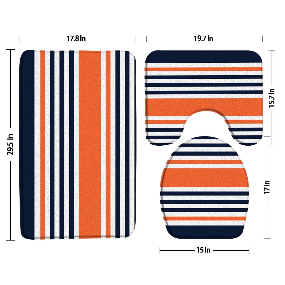 3 Pieces Set Navy Blue Orange Bathroom Rugs Abstract Geometric Stripe Modern Simple Contemporary Fashion Mid Century Absorbent Soft Toilet Lid Cover Pedestal Rug U-Shaped Non-Slip Carpet