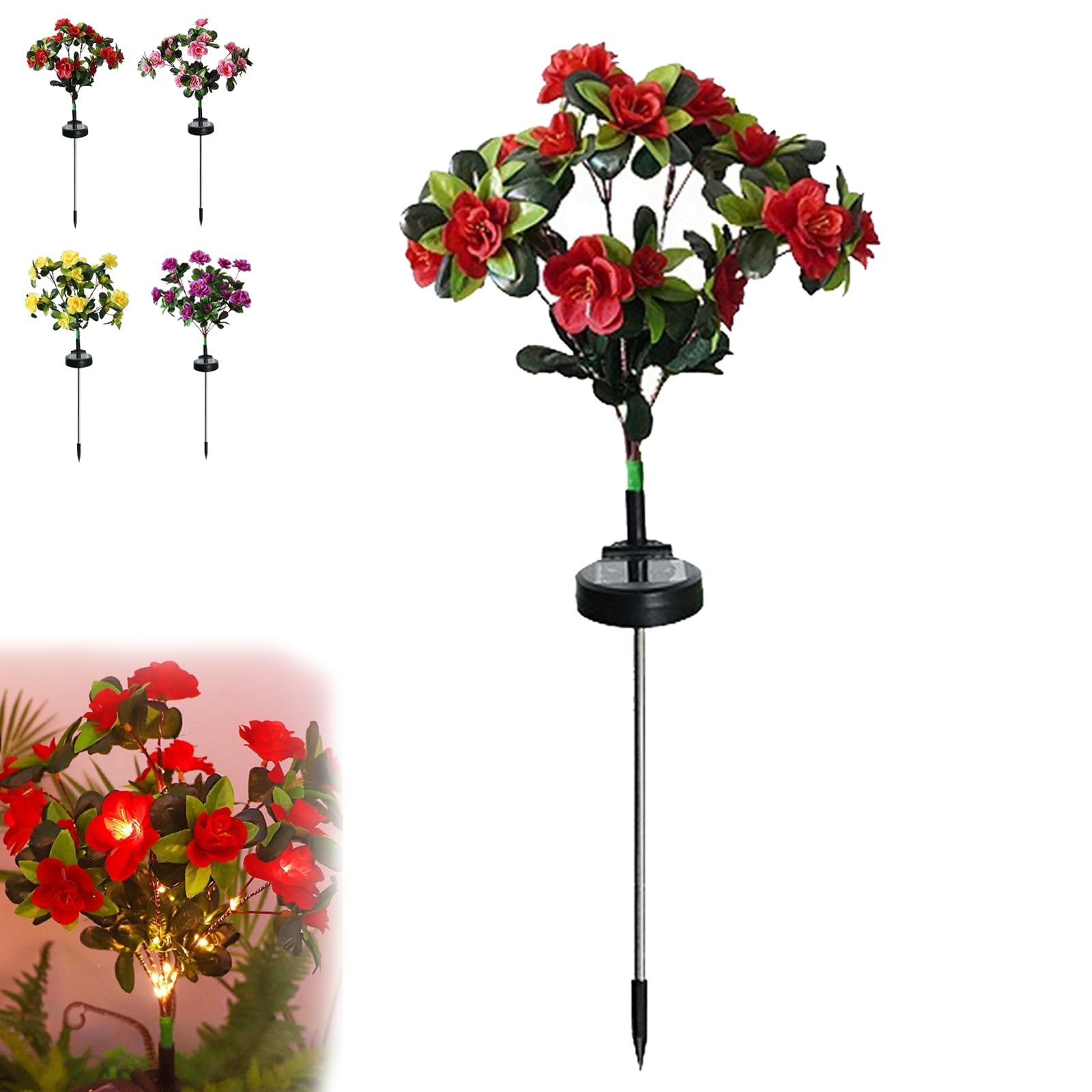Dawhare Memorial Garden Bloom Lights – Featuring Ultra-Realistic Artificial Petals, Solar Azalea Flowers Light, Outdoor for Yard Patio Pathway Lawn Fence Cemetery (Red, Warm Light)