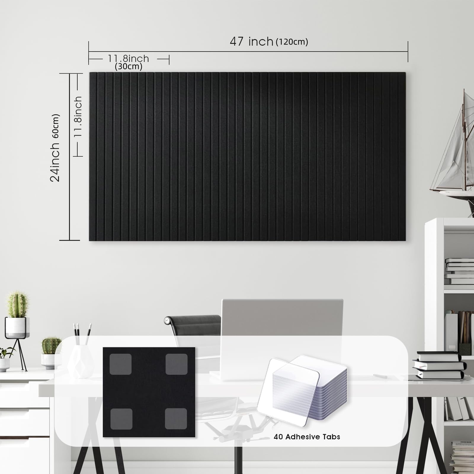 Duża filcowa tablica do przypinania, samoprzylepna, 120 x 60 cm, pionowe paski, dekoracyjna tablica do przypinania z filcu, do pokoju dziecięcego, biura, kuchni, czarna