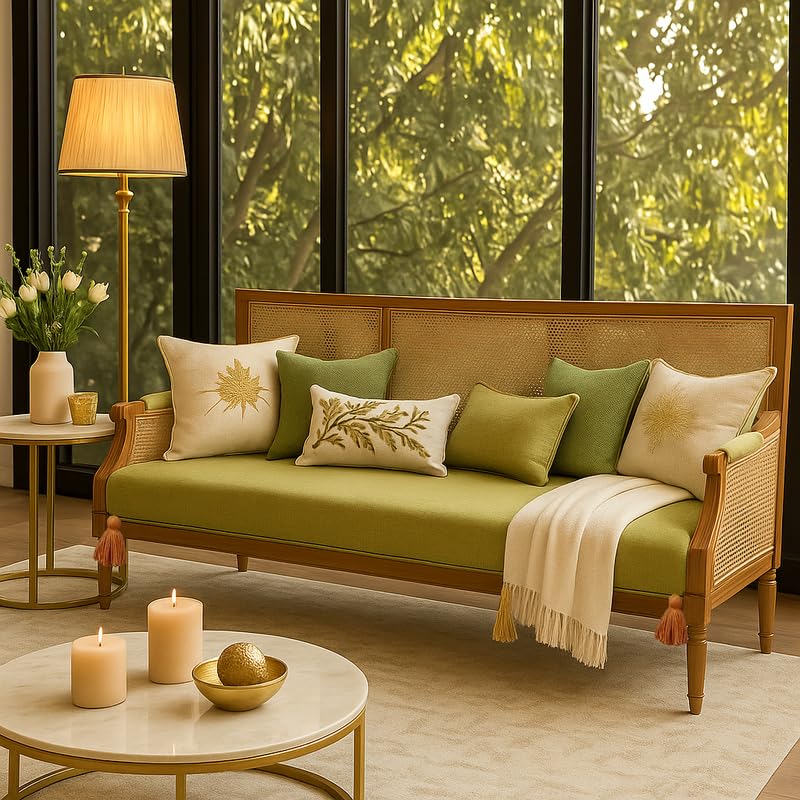 Image of Olive Green L Shape Corner Sofa Throw for l Shaped Sofa, L Shape Sofa Cover 7 Seater: L-Shaped Tassels Sofa Cover 7 Seater Set-3 Seater+3 Seater+Corner, Includes 3 Sofa Seat Covers|