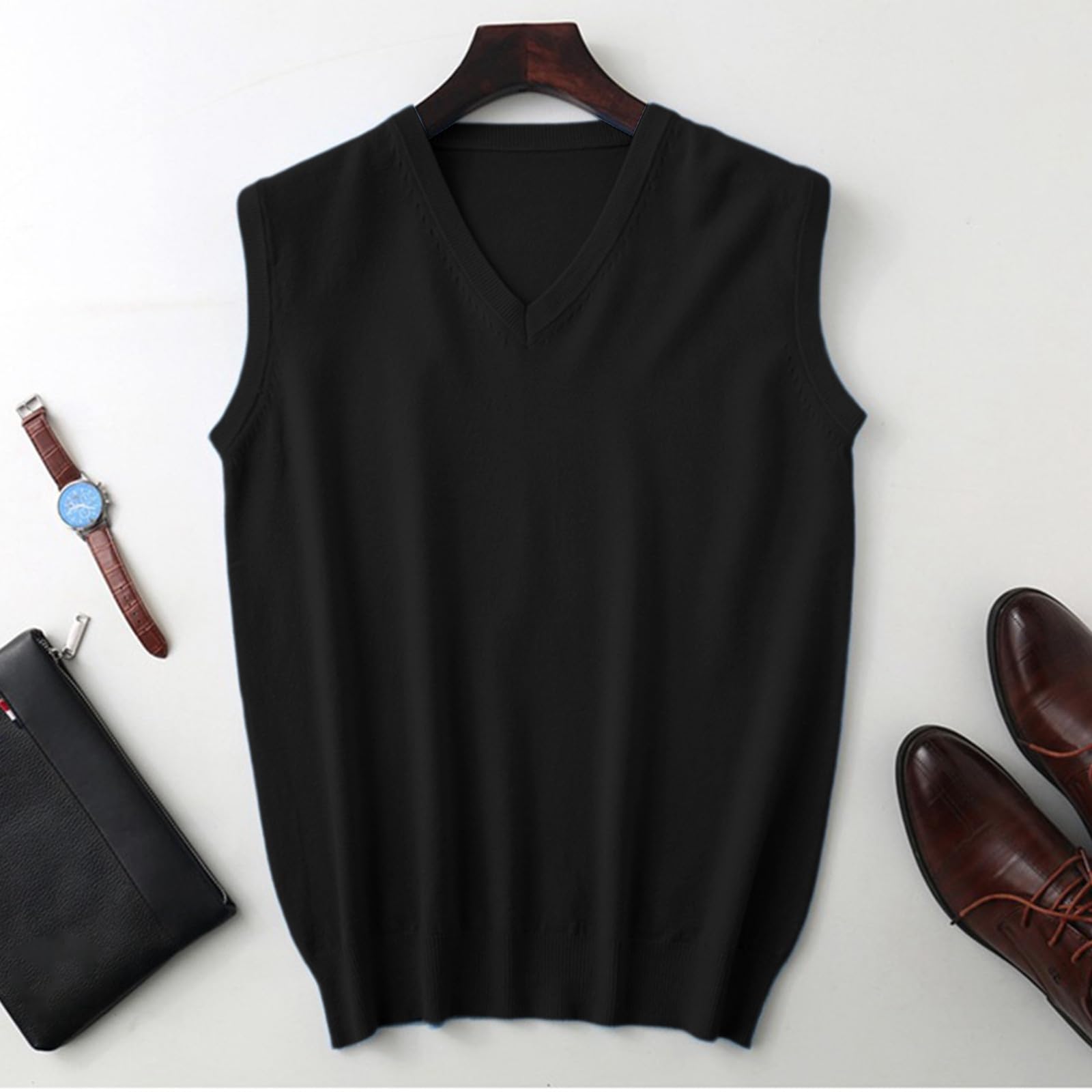 Pull sans manches et gilets tricotés pour homme Col en V Gilet en tricot léger Printemps Automne Respirant Doux Superposition Pièce Décontractée Confortable Gilet