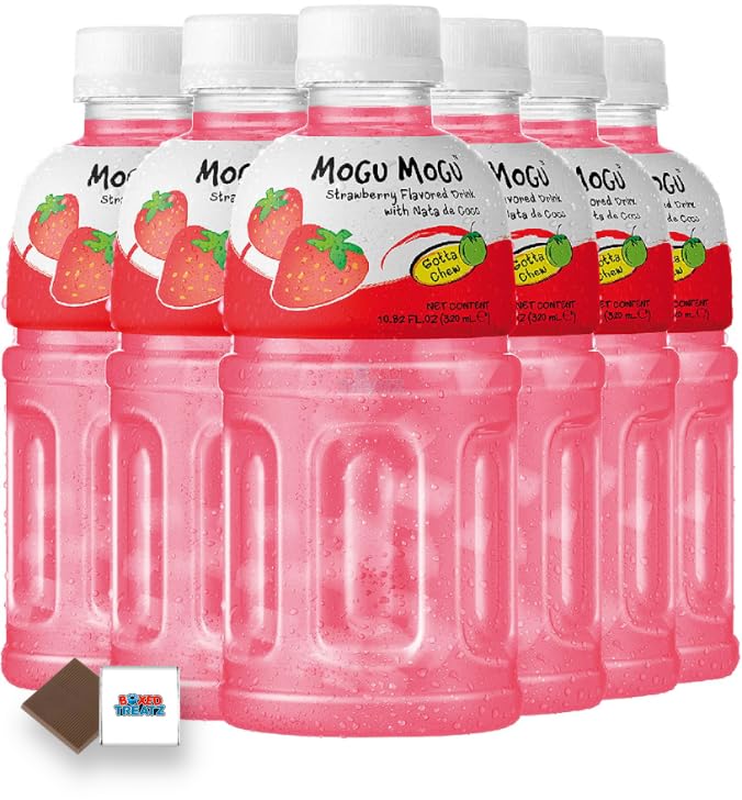 Mogu Mogu Flavored Drinks 6x320ml, STRAWBERRY - Nata De Coco Juice - Refreshing Taste - Fun Drinking During Hot Summers Or Take Them On Trips & Picnics Boxed Treatz