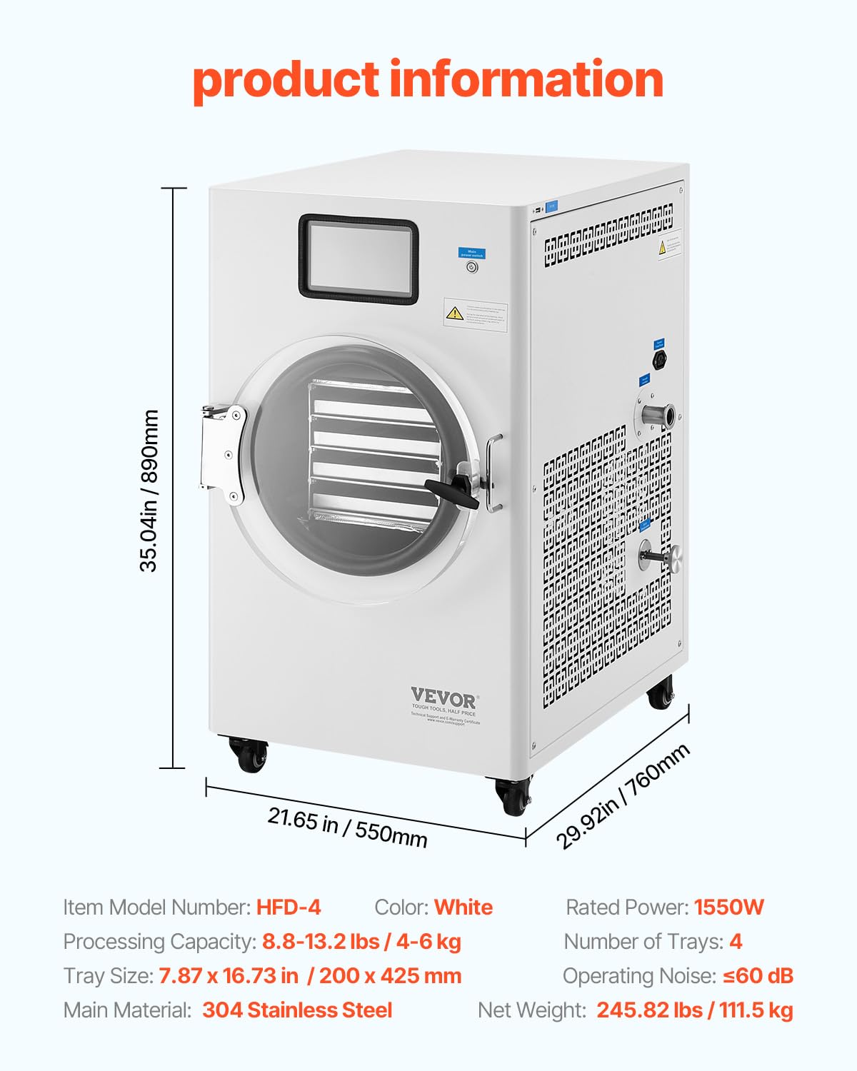 VEVOR Secadora por Congelación al Vacío Máquina de Secado por Congelación 4-6 kg Bandejas de 4 Capas Bomba de Vacío Temporizador Ajustable y Control de Temperatura para Frutas, Verduras, Blanco