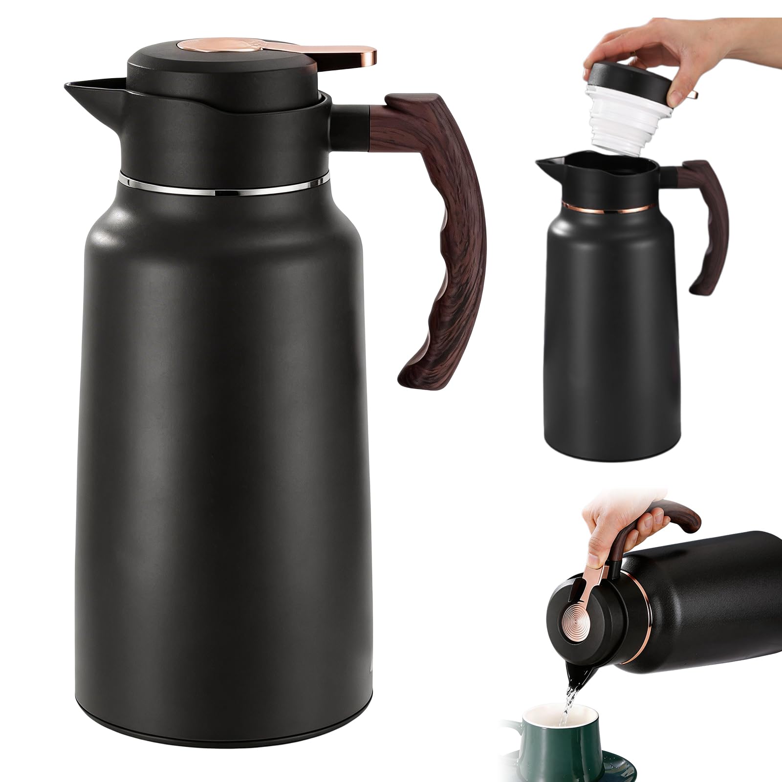 Cafetière de 2 l pour garder au chaud : cafetière isotherme en acier inoxydable 304 avec poignée en bois, conservation de la chaleur longue durée, cafetière isolée sous vide pour café et thé