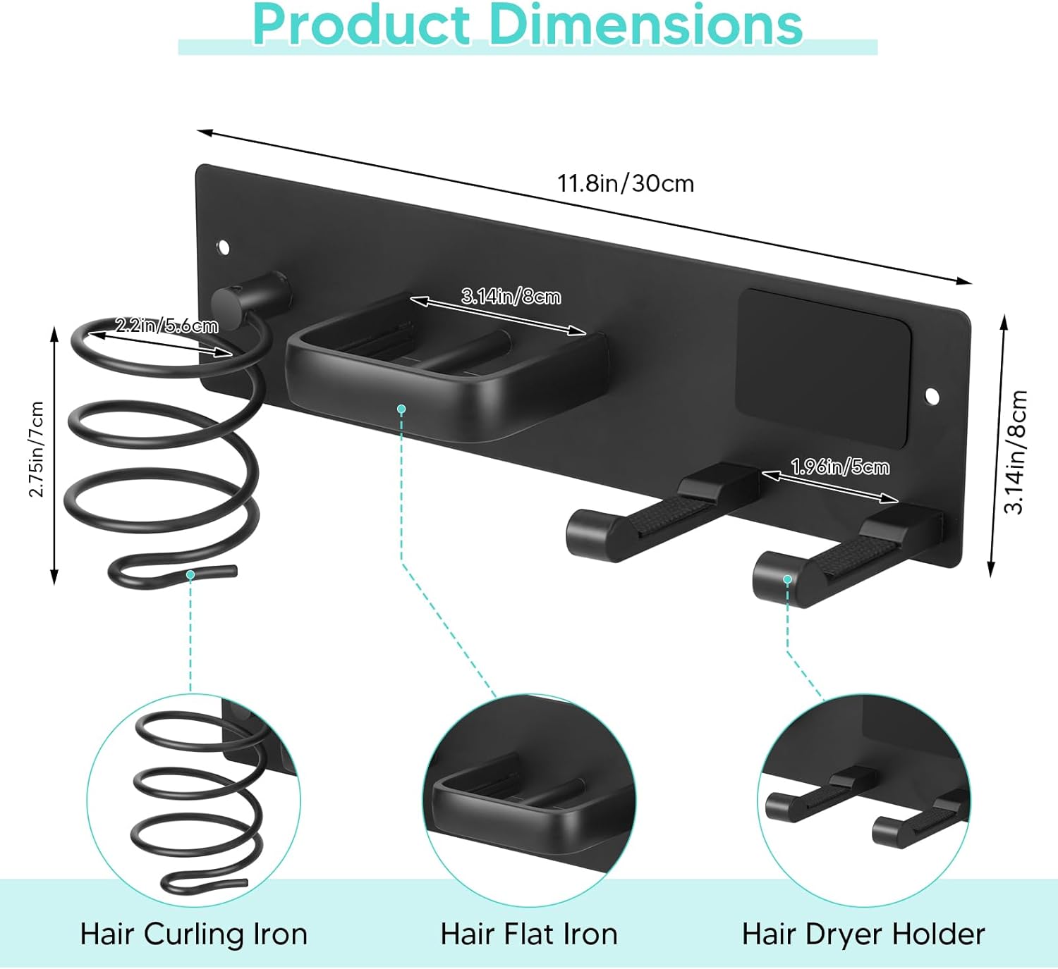 Hair Tool Organizer Wall Mount – Aluminum Hair Dryer Holder & Curling Iron Rack with Hooks, Space Saving Bathroom Hair Styling Tool Storage for Blow Dryer, Flat Iron, Curling Tools (Hook)
