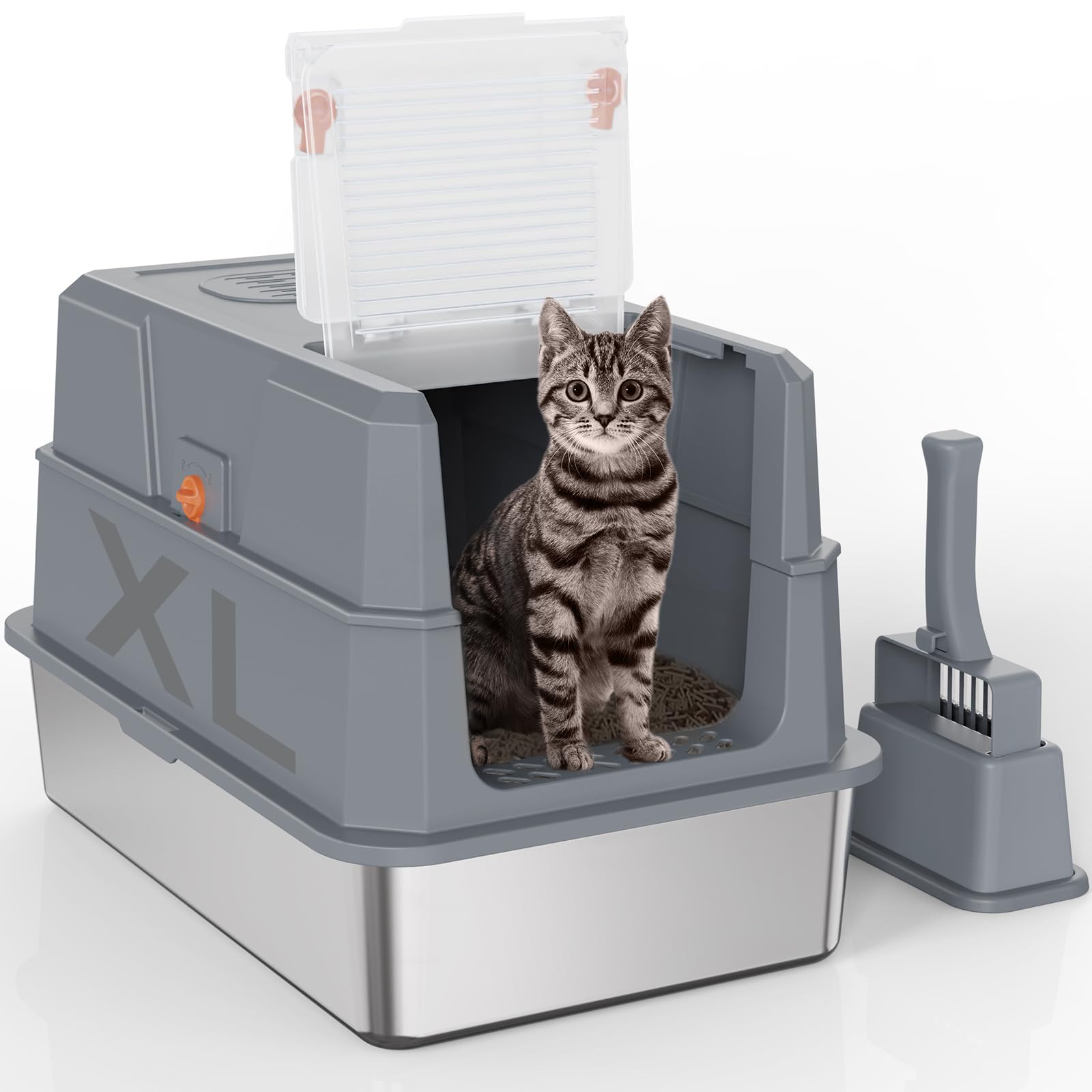 SZEE XL Edelsthal Katzenklo mit 180° Klappdeckel, Große Geschlossene Katzentoilette Edelstahl mit Deckel, Stainless Steel Cat Litter Box with Scoop-59x38x38cm, Dunkelgrau