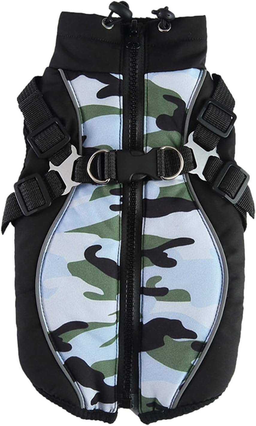 Amazon ペット服 迷彩柄 ジャケット 犬服 ハーネス一体型 コート 秋冬服 ダウン風ベスト 防寒 暖かい ジッパー ドッグウェア