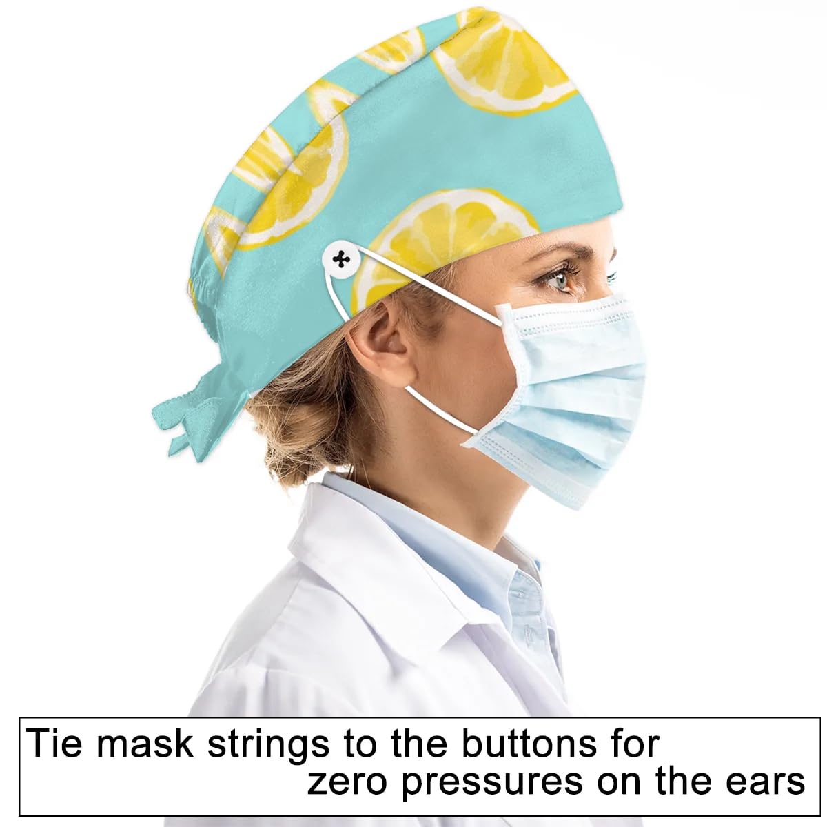 Mularoka Watercolor Lemon Slices Working Caps with Button Sweatband Comfortable Adjustable Bouffant Hats Work Hat for Women Men