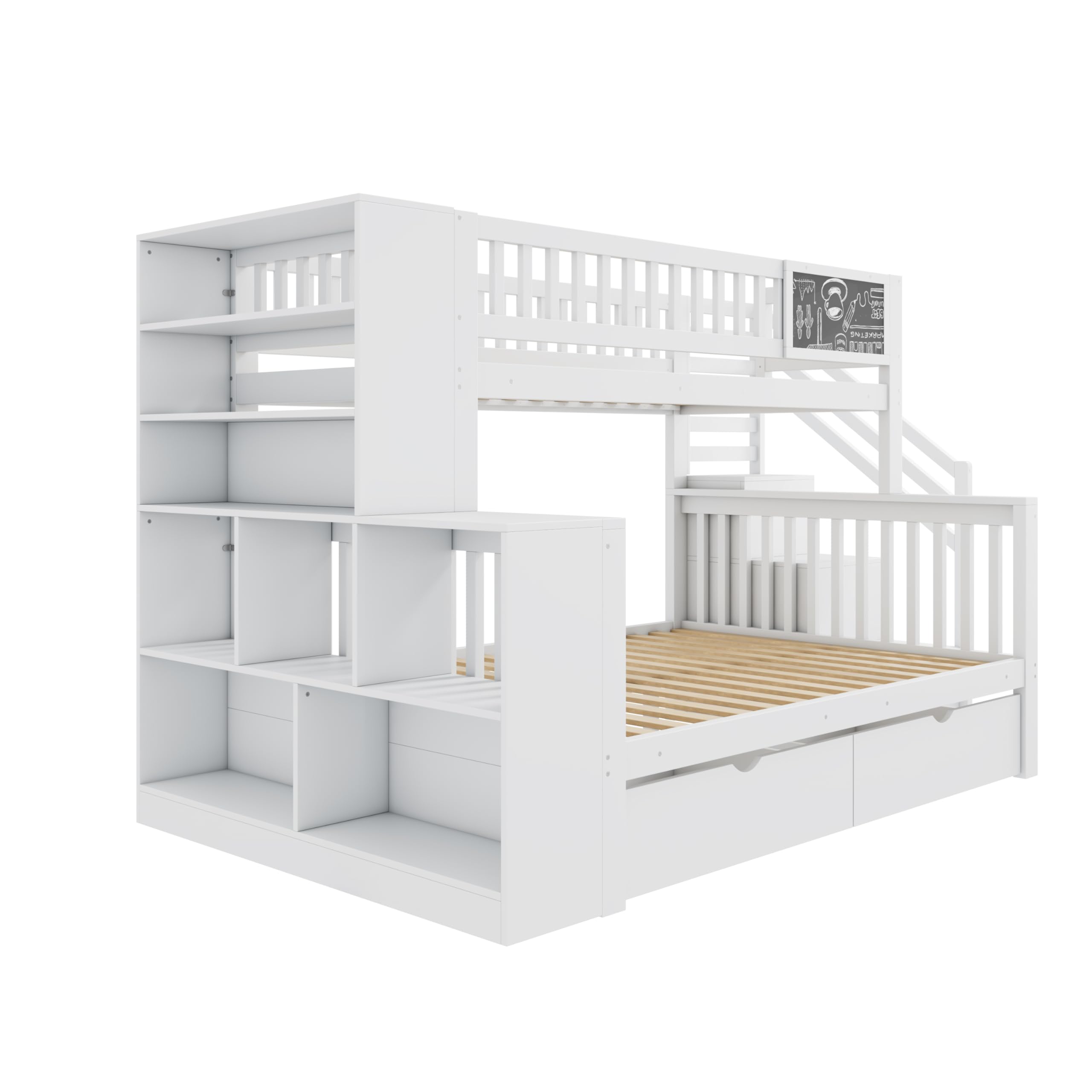 Letto a castello 140 x 200 | 90 x 200 cm, Scala di Sicurezza -Salvaspazio con vani portaoggetti, 2 cassetti, Libreria Grande a 6 Ripiani, Pino Robusto Bianco, 3 adolescenti e adulti