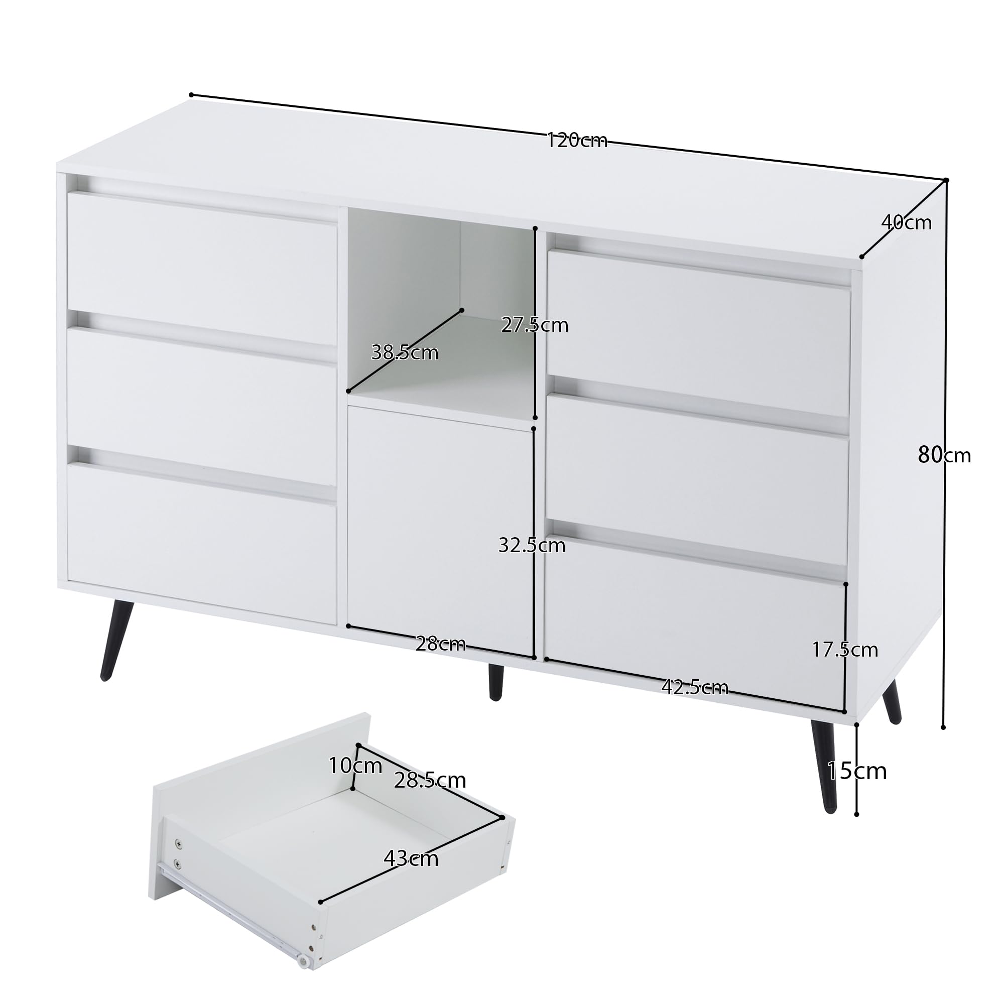 Moderna credenza bianca con illuminazione a LED, 6 cassetti silenziosi, porte push-open, finitura lucida, gambe in metallo nero opaco, 120 x 40 x 80 cm, ideale per cucina, sala da pranzo e soggiorno