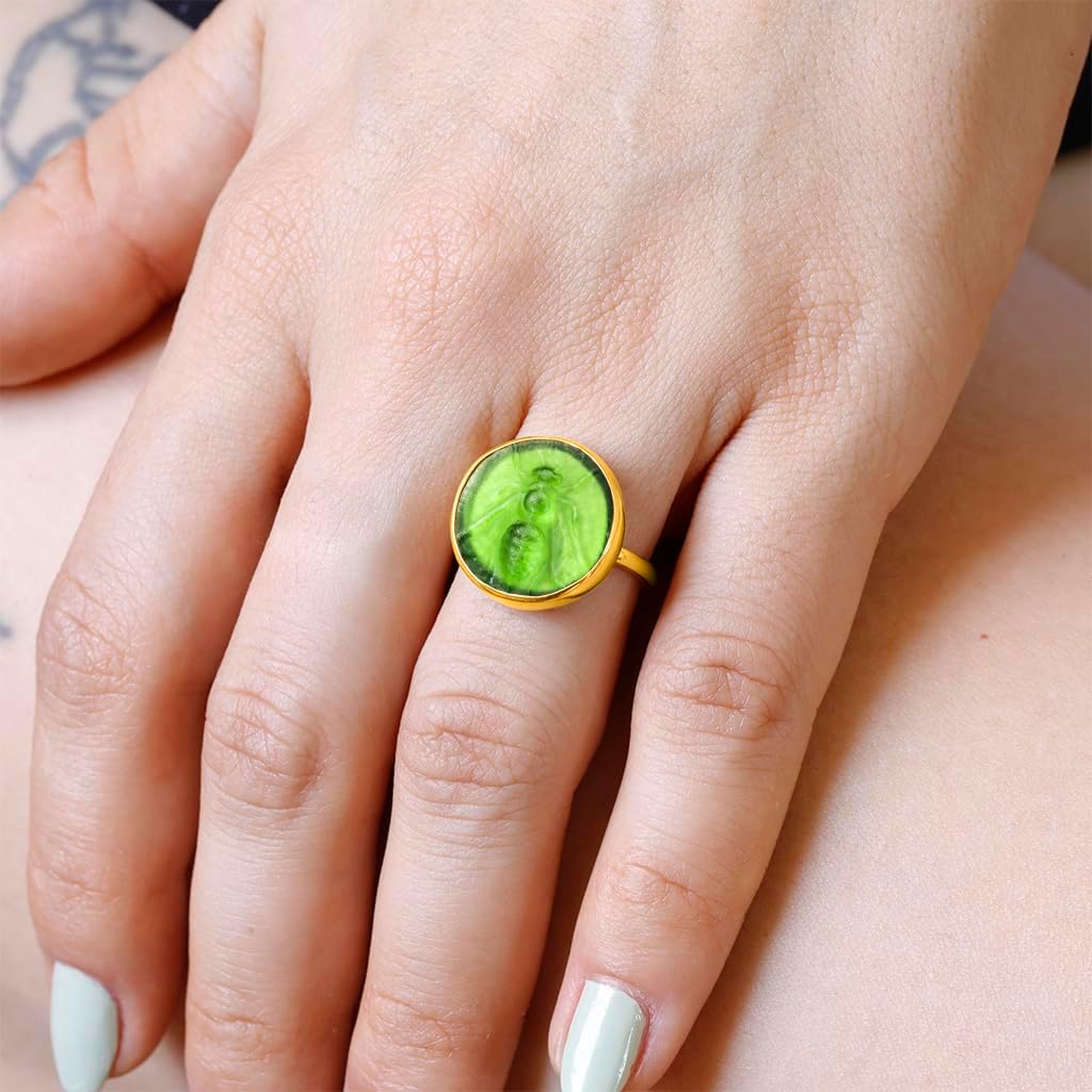 Honey Bee Quenn 24K Gold Vermeil 925 Sterling Silver Green Intaglio Ring – Cameo Coin with Artemis Bumblebee Greek Goddess of Love – Handmade Mythology Jewelry for Women, Elegant Signet