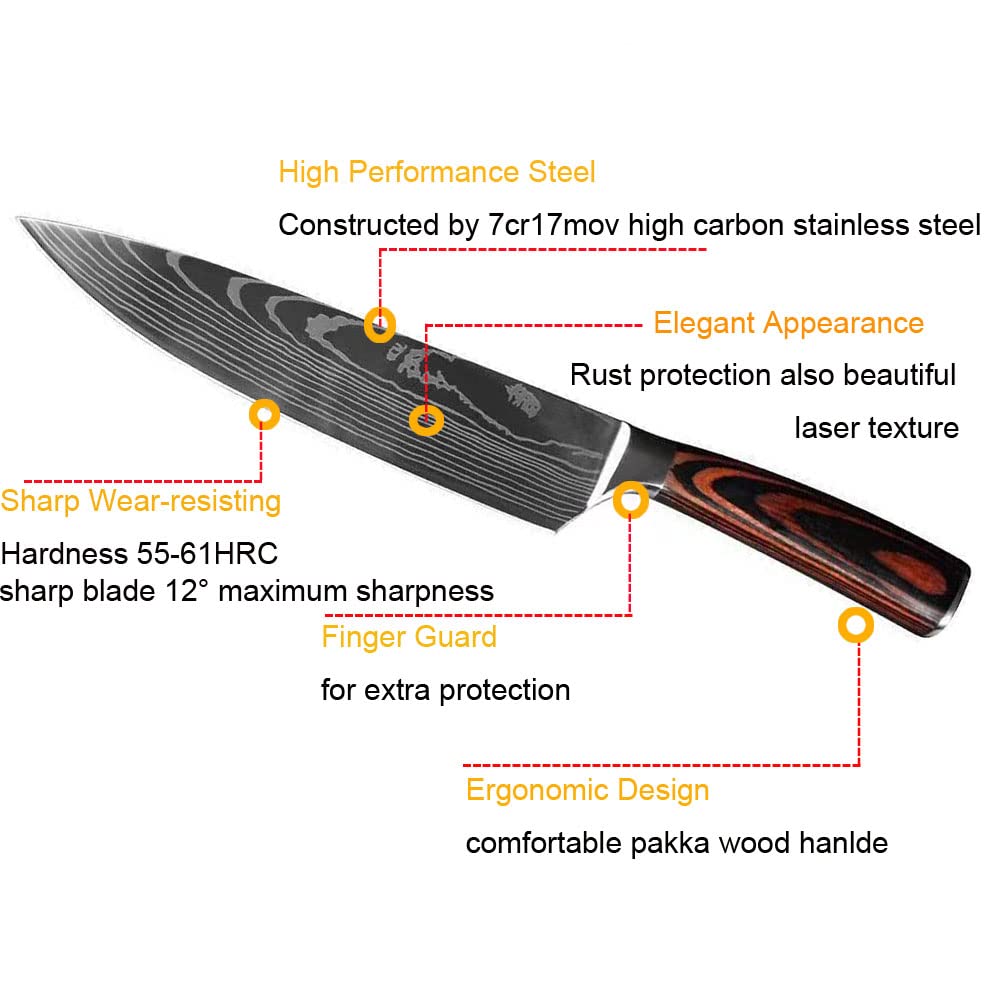 8 Stücke Messer set Kochmesser Universalmesser Küchenmesser Scharfe aus Deutschem Edelstahl, Ergonomischer Pakkawood Grifen