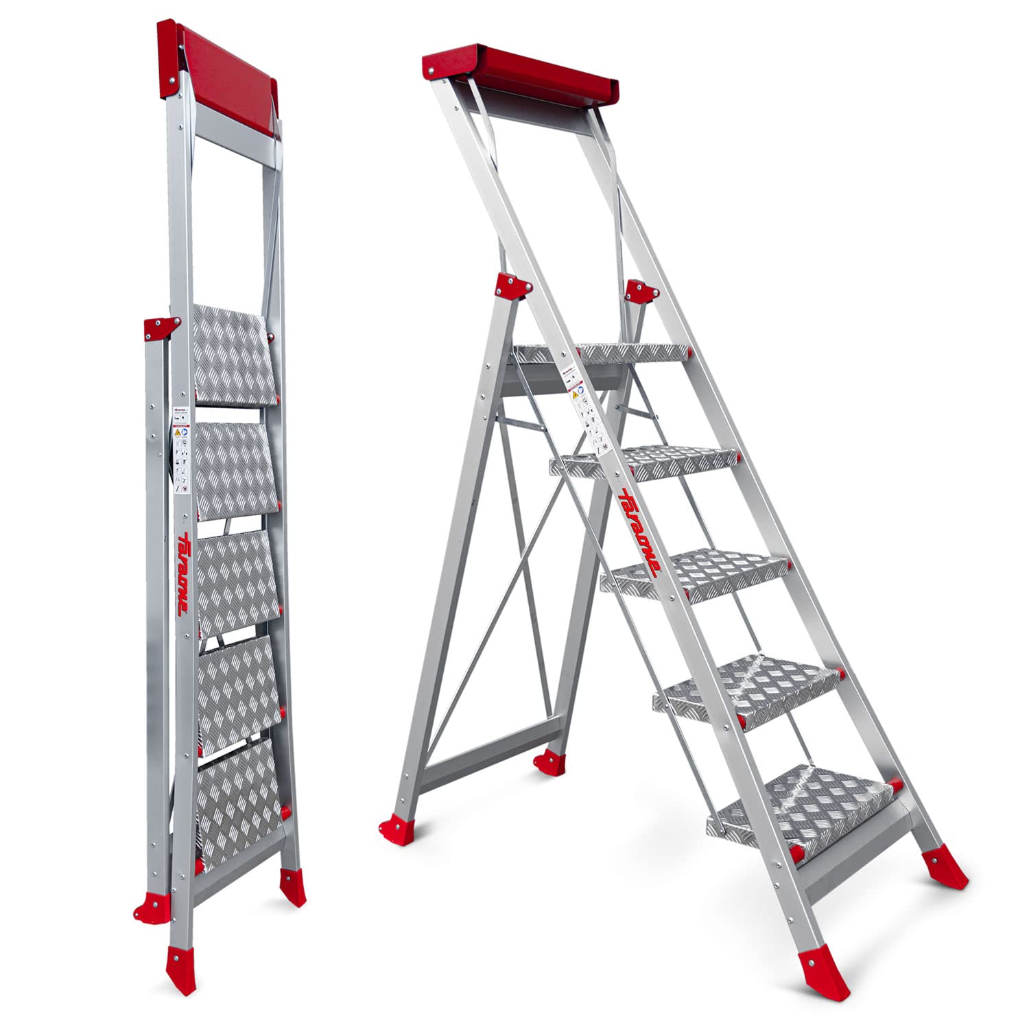 Faraone - Taburete Alto de Aluminio SGP05 - con 5 Peldaños - 177x57x15 cm - Plegable y Ligero - Ideal para Trabajos en Altura - Peso Soportado de 150 kg - Peldaños Antideslizantes