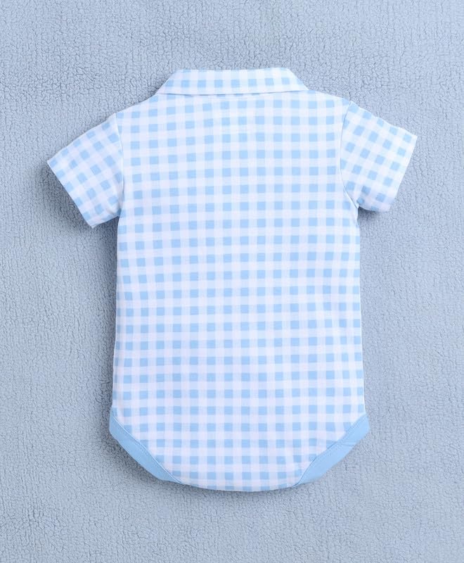 Image of BUMZEE Baby Boys Regular Fit Half Sleeves Collar Neck Cotton Bodysuit & Short Set With Bow Suspender & Cap