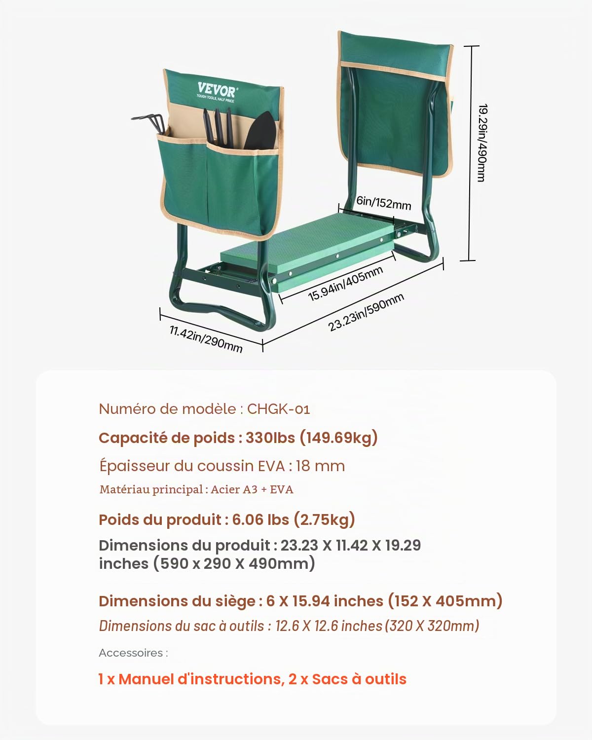 VEVOR Agenouilloir de Jardinage, Coussin Large 15 cm, Tabouret de Jardinage, Charge 150 kg, Banc de Jardin Pliable, Siège Polyvalent avec 2 Sacs à Outils pour Jardin, Grands-Parents, Personnes Âgées