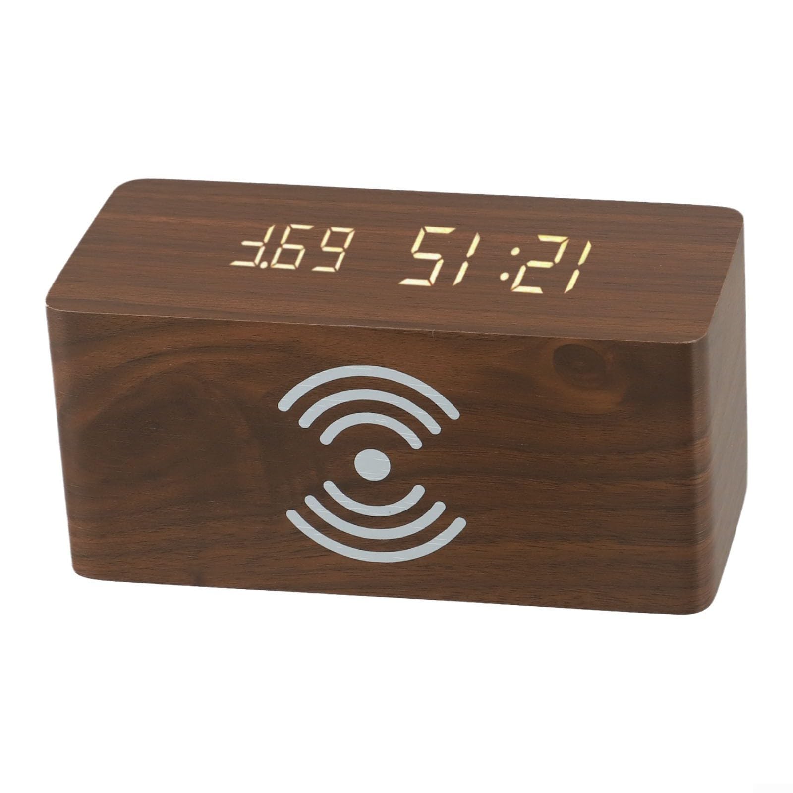 Wooden Digital Alarm Clock with Wireless Charger, LED Display for Time Temperature Date, 5W Charging Pad, USB or for battery Powered, Auto Dimming, Modern Decor for Bedroom Office(B)